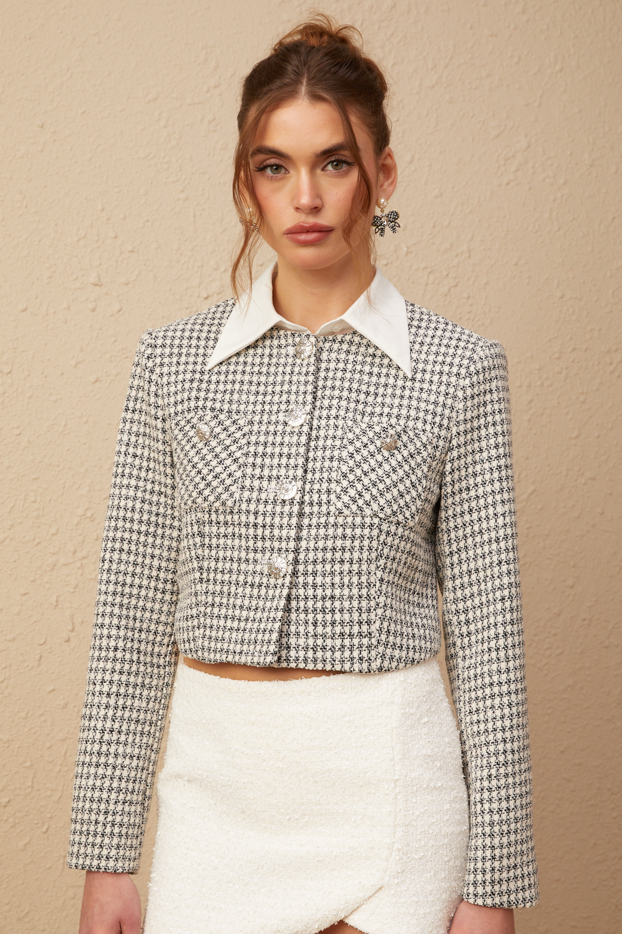 Vida houndstooth panelled cropped tweed jacket