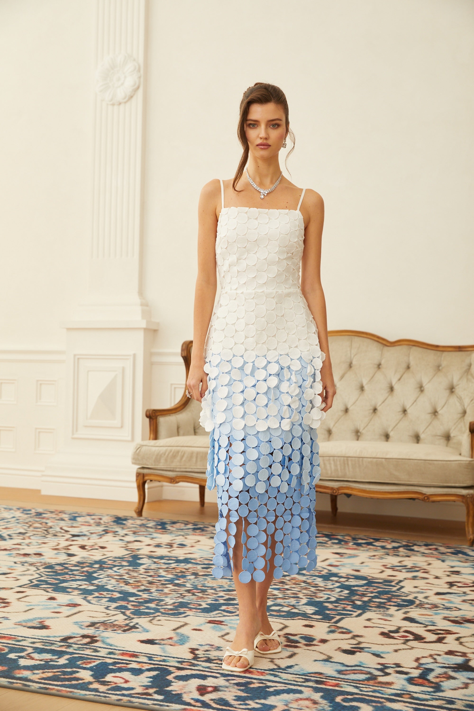 Vezzetti Blue Embroidered-Disc Fringed Midi Dress