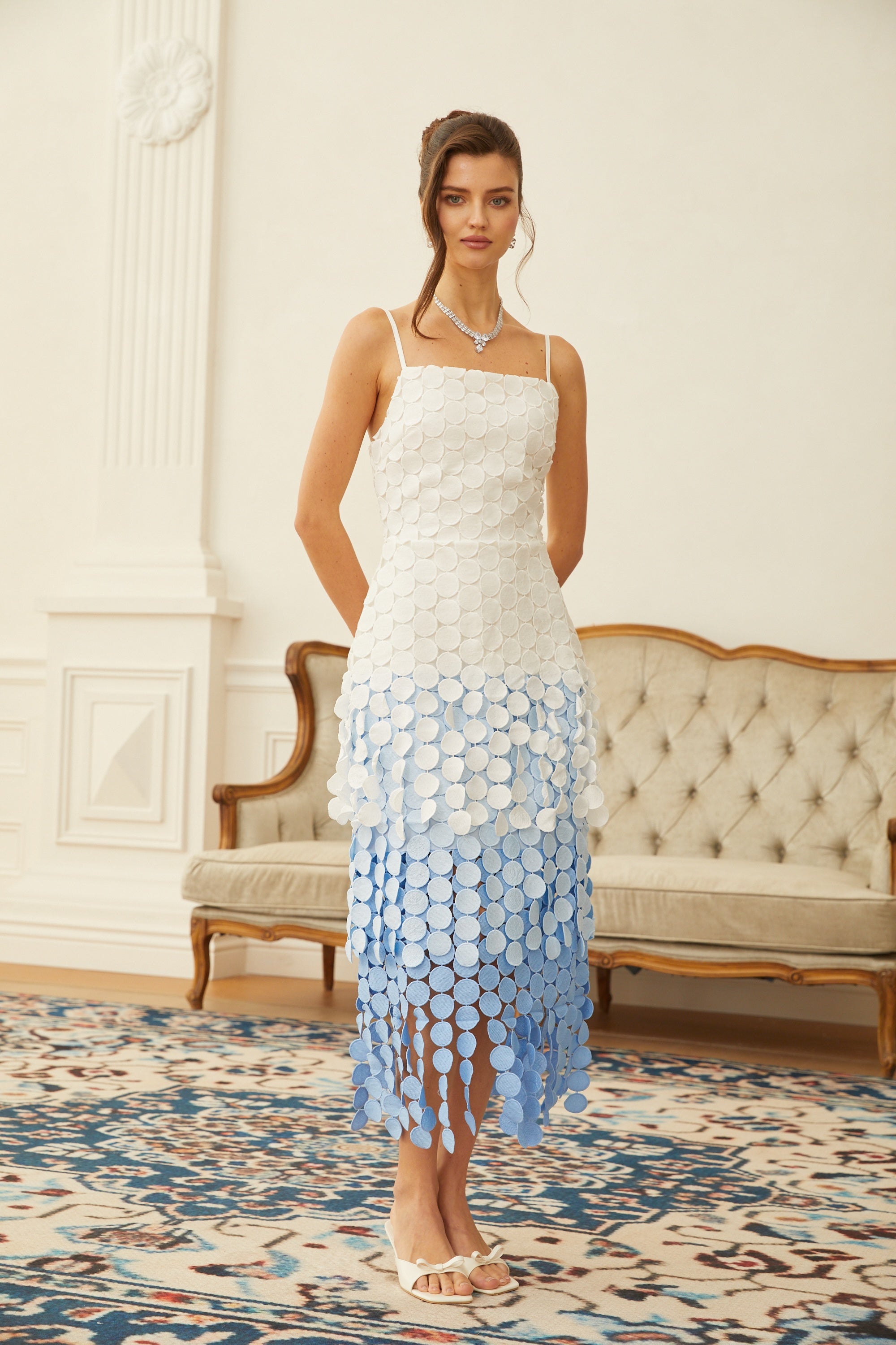 Vezzetti Blue Embroidered-Disc Fringed Midi Dress