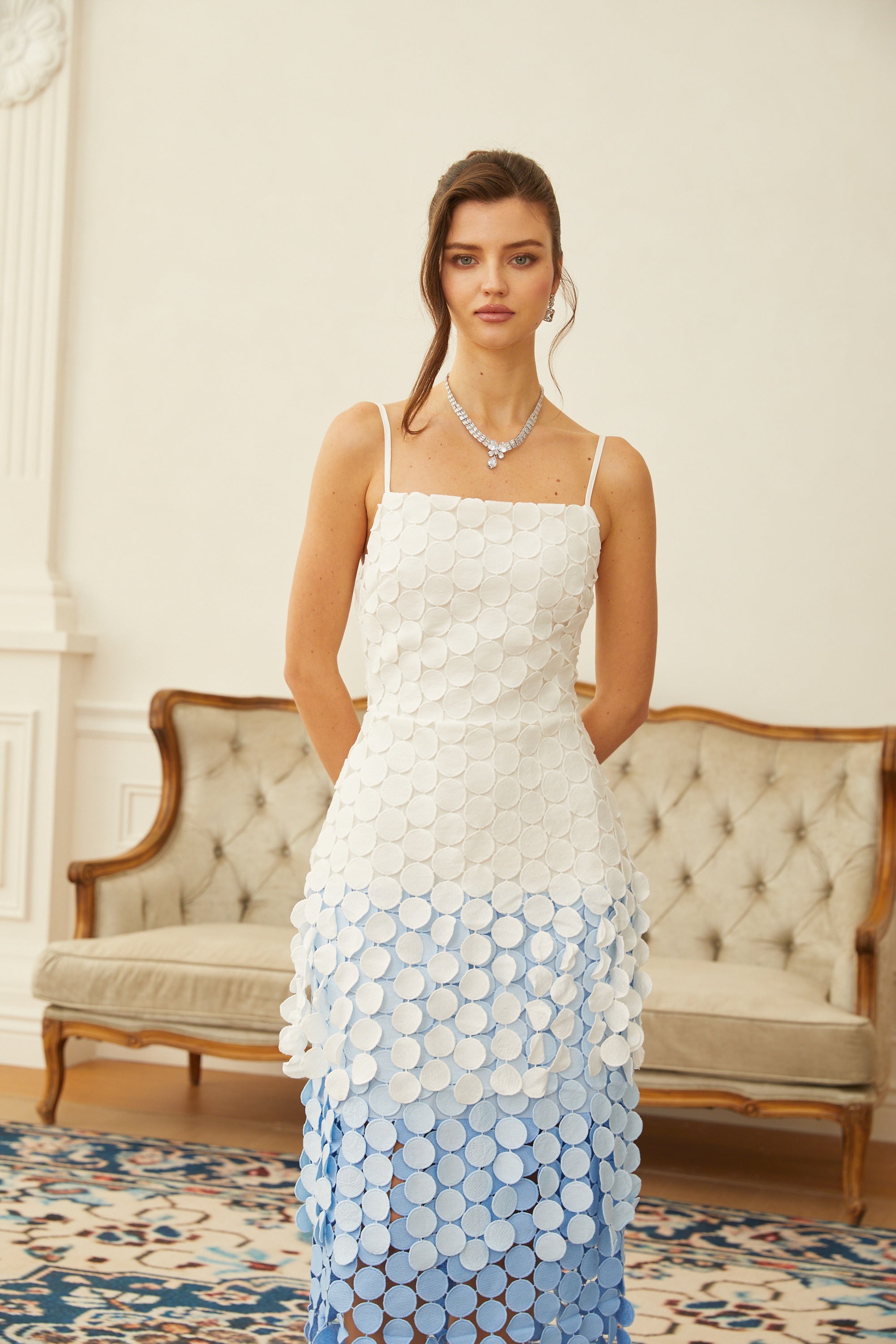 Vezzetti Blue Embroidered-Disc Fringed Midi Dress