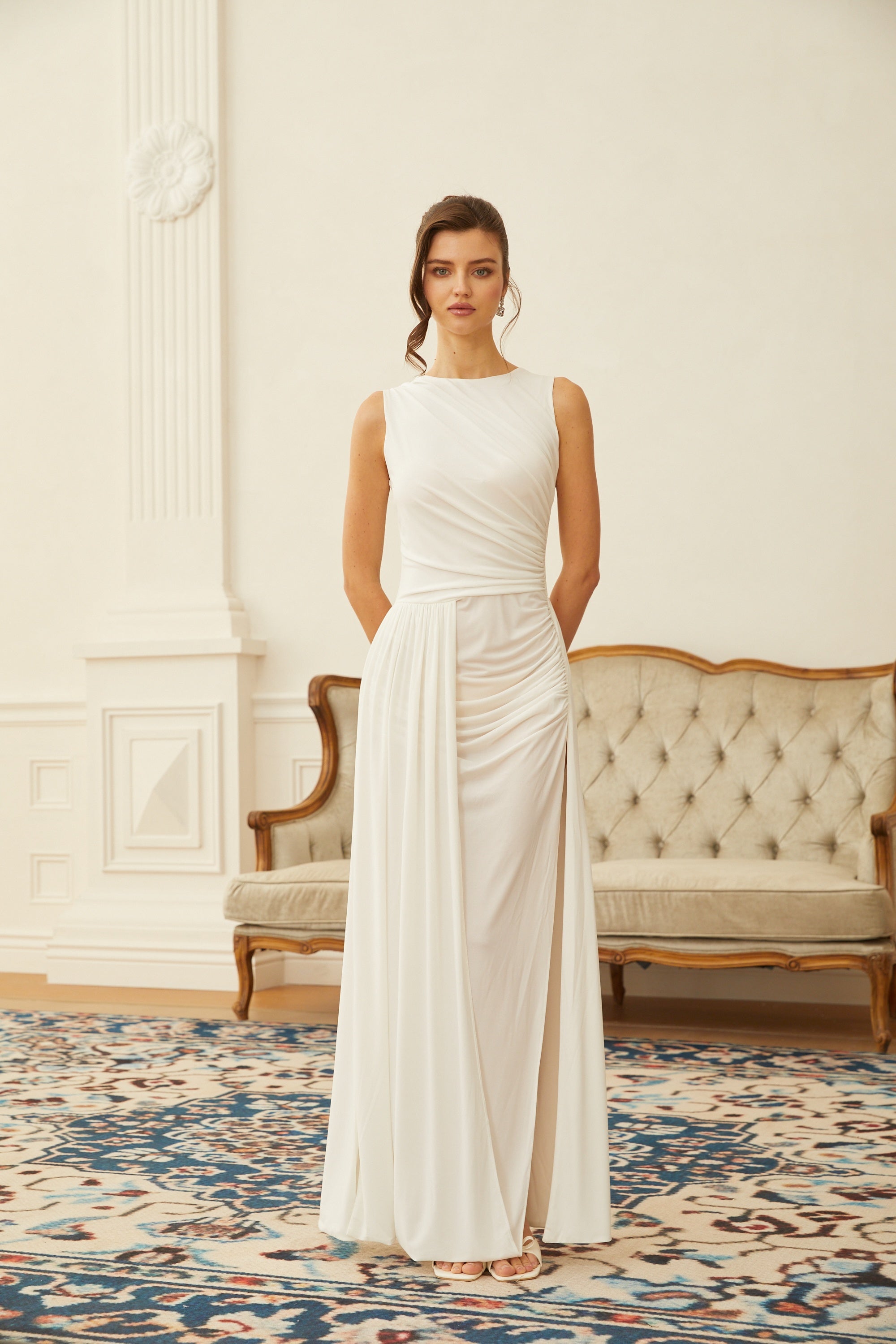 Willow White High Slit Gathered Maxi Dress (Final Sale-US Only)