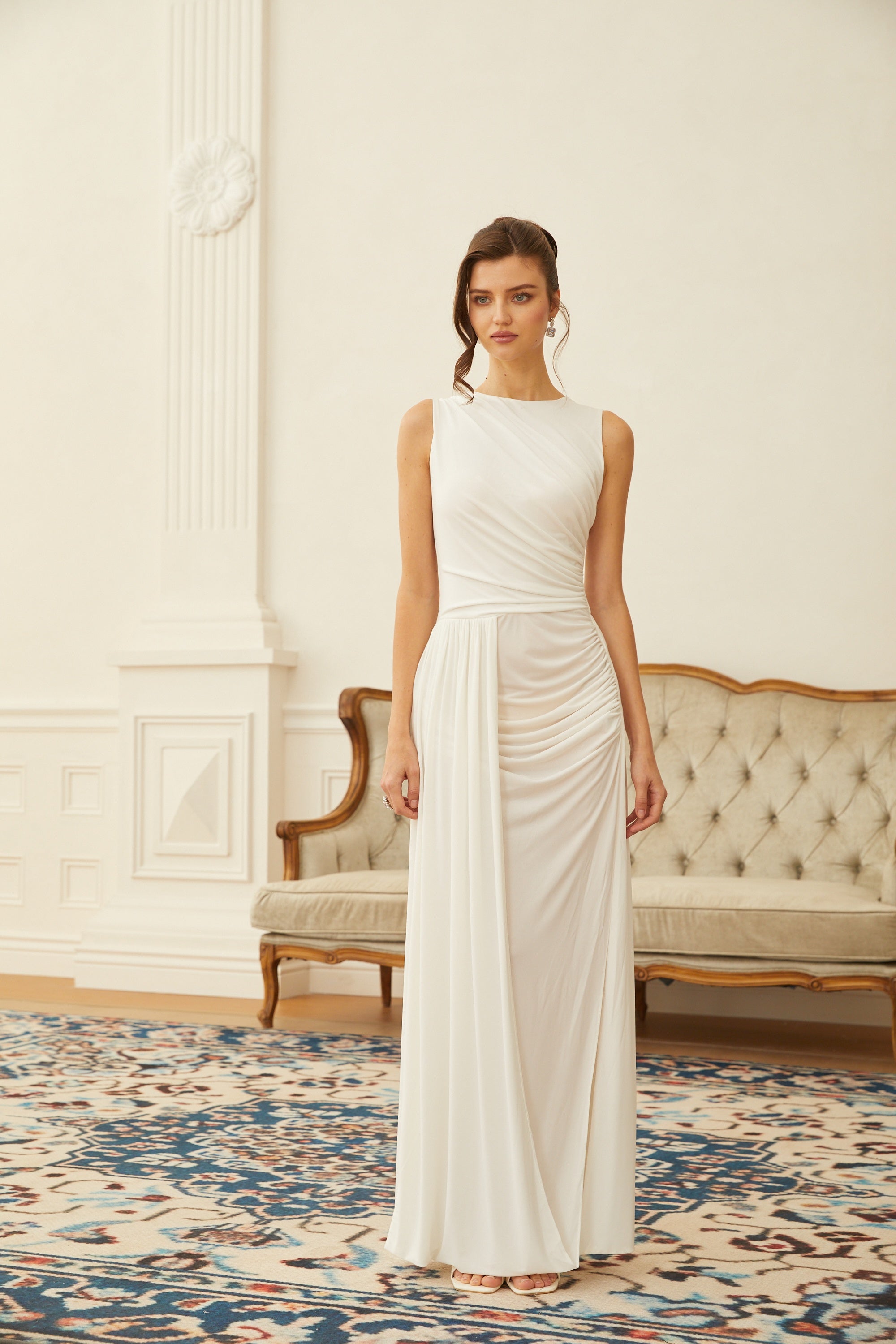 Willow White High Slit Gathered Maxi Dress (Final Sale-US Only)