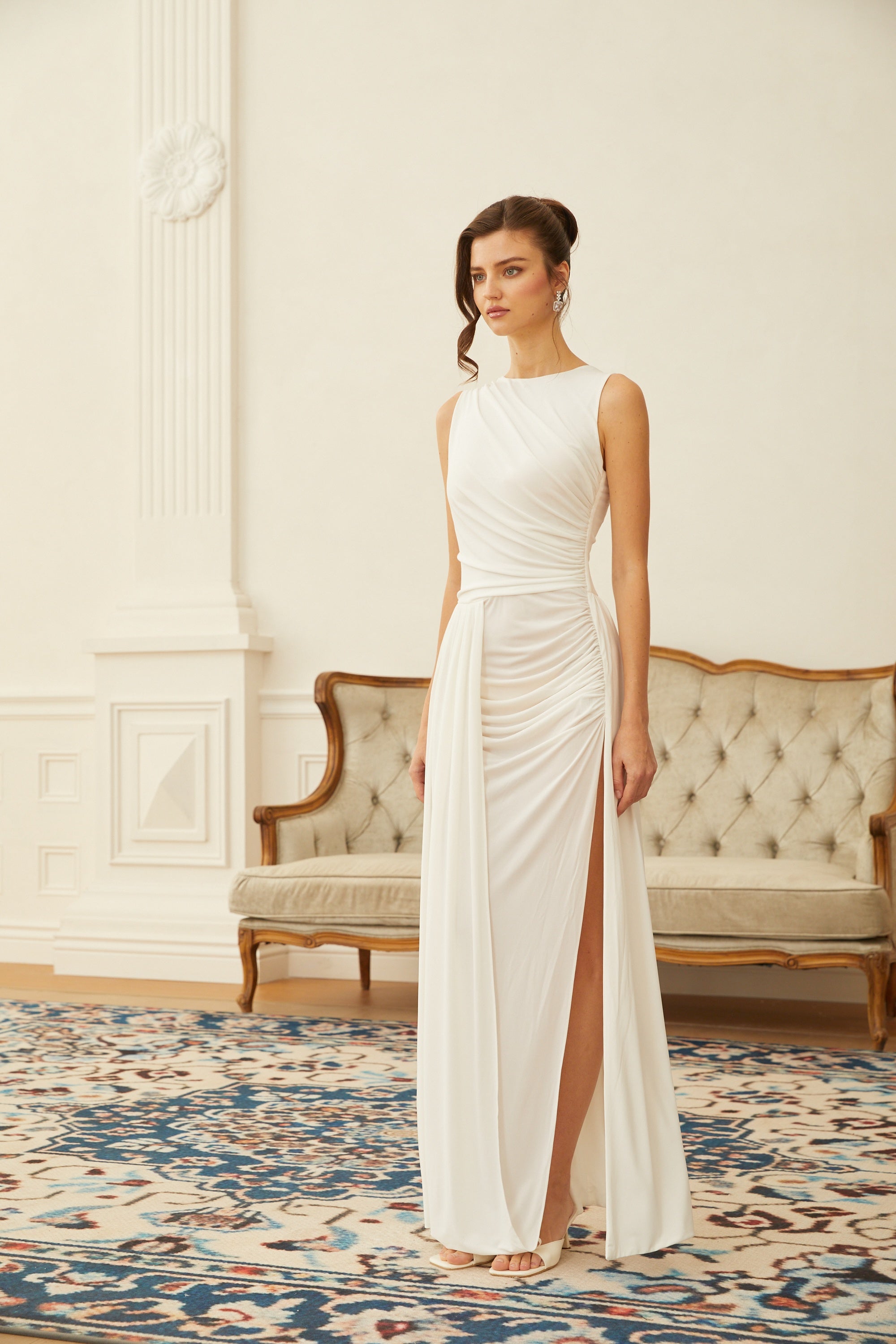 Willow White High Slit Gathered Maxi Dress (Final Sale-US Only)