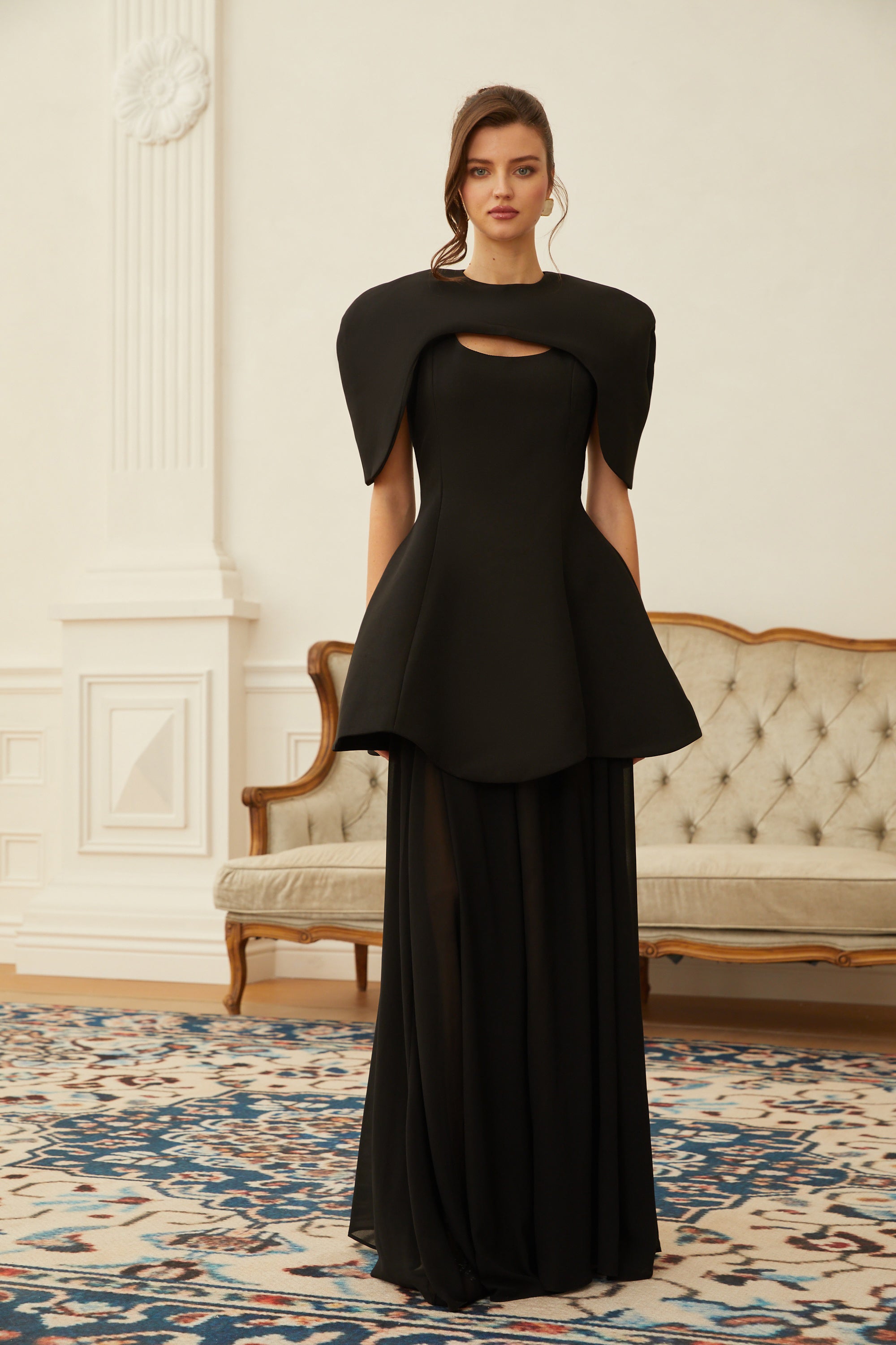 Auriane Black Layered Cape Sculptural Maxi Dress Set