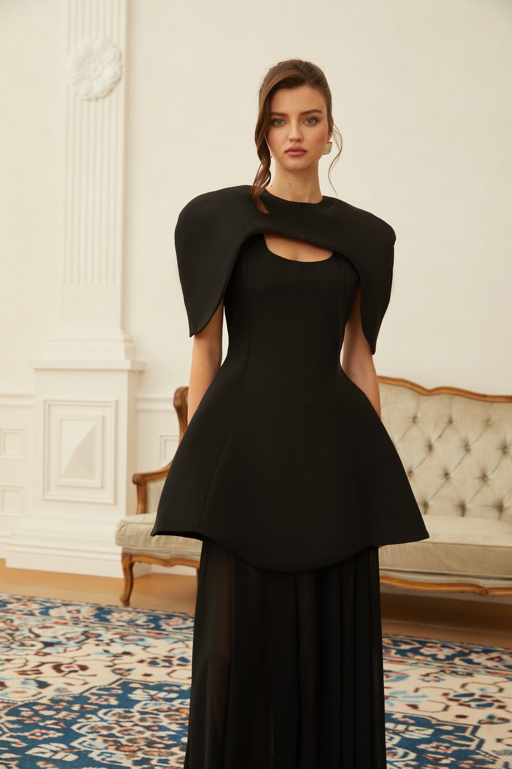 Auriane Black Layered Cape Sculptural Maxi Dress Set