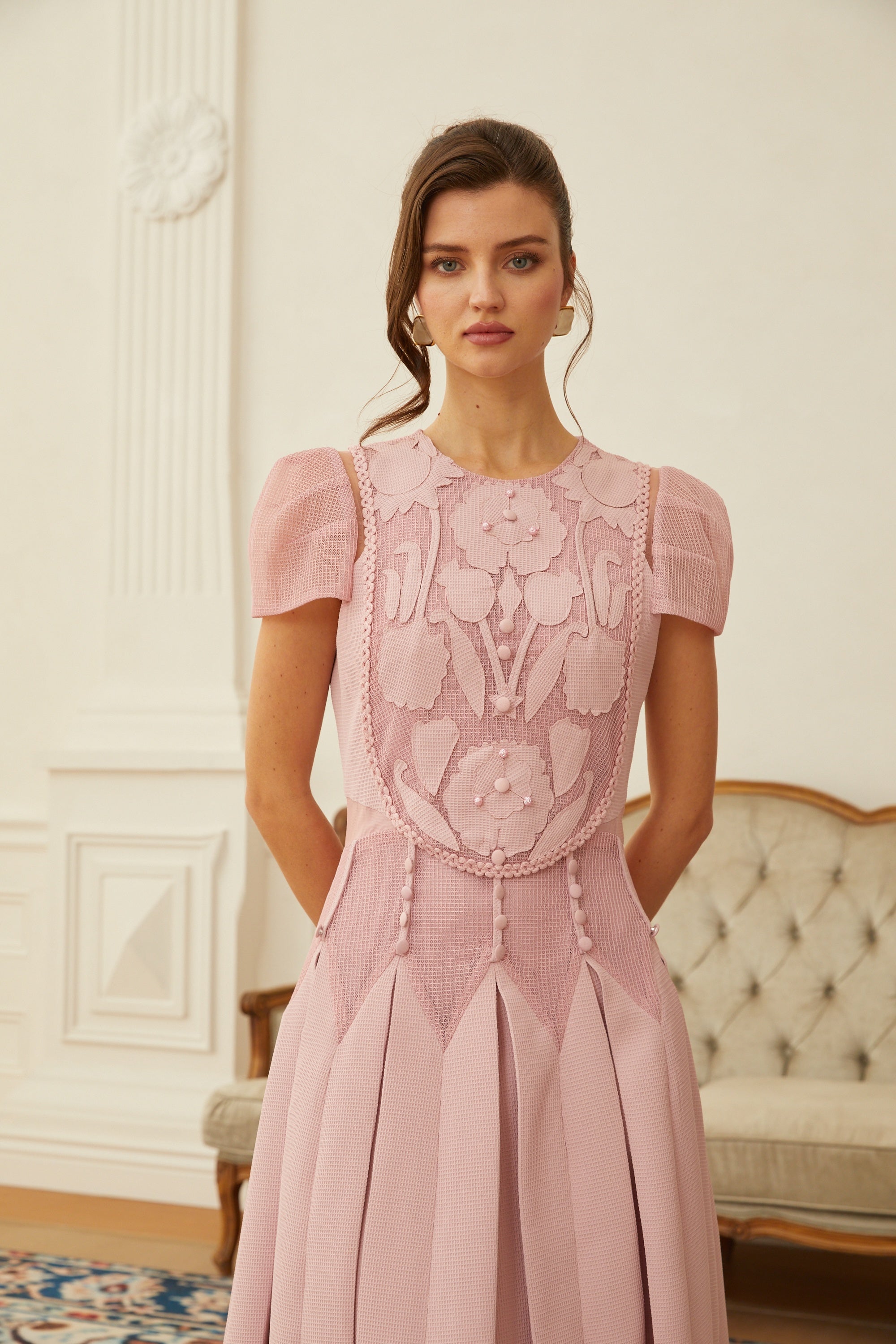 Maelle Pink Flower Embroidered Maxi Dress