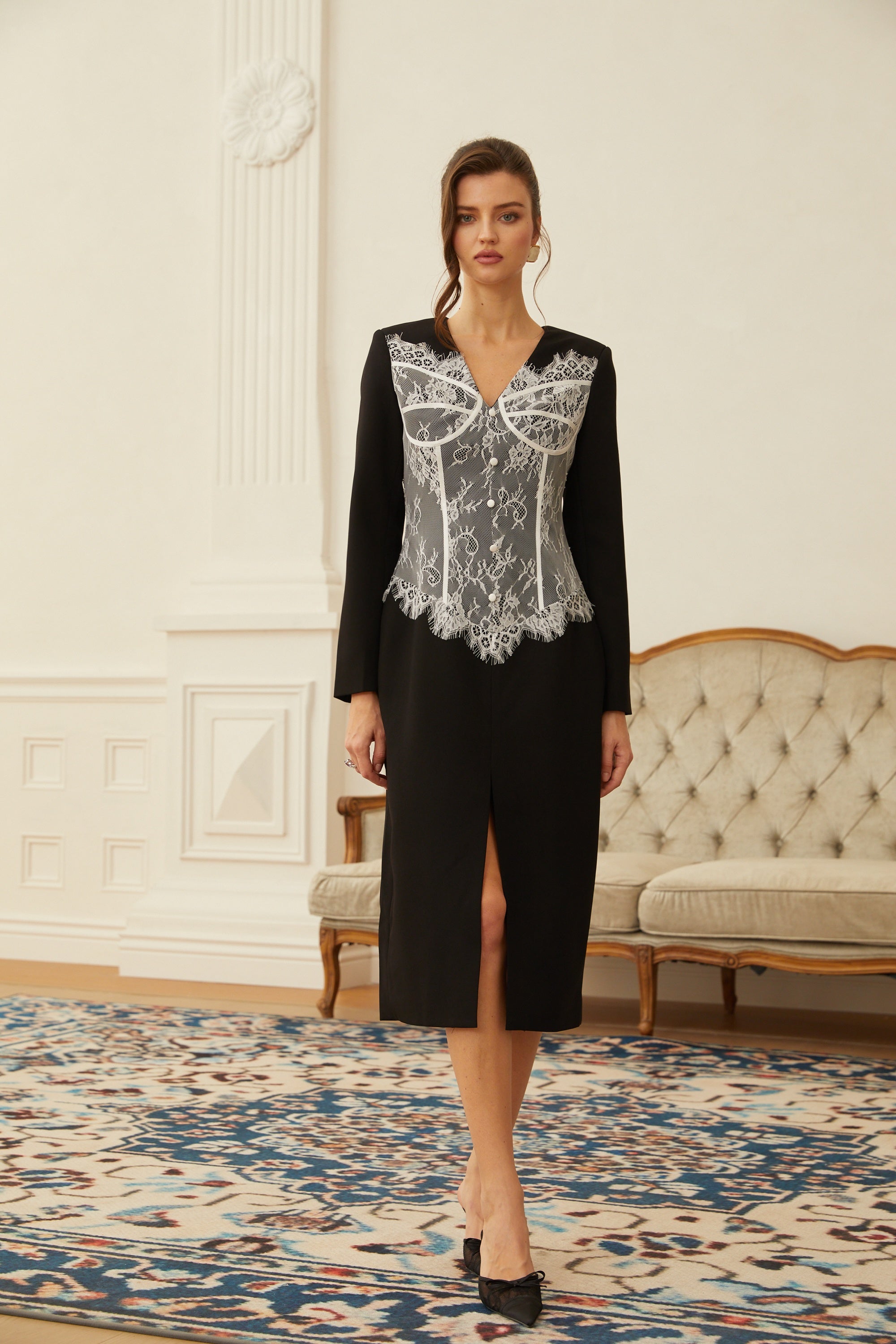 Zephyra Black Lace Corset Panel Midi Dress