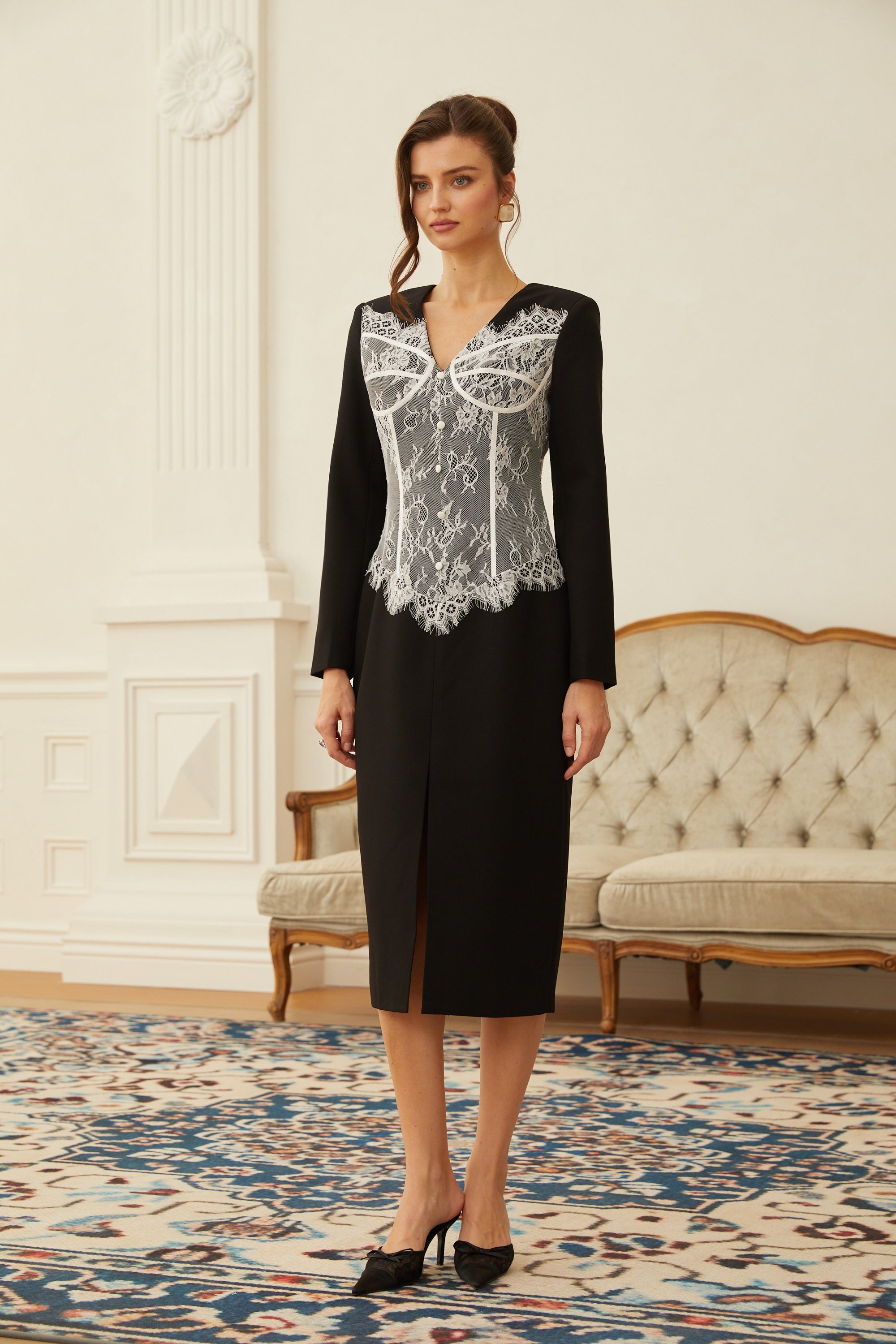 Zephyra Black Lace Corset Panel Midi Dress