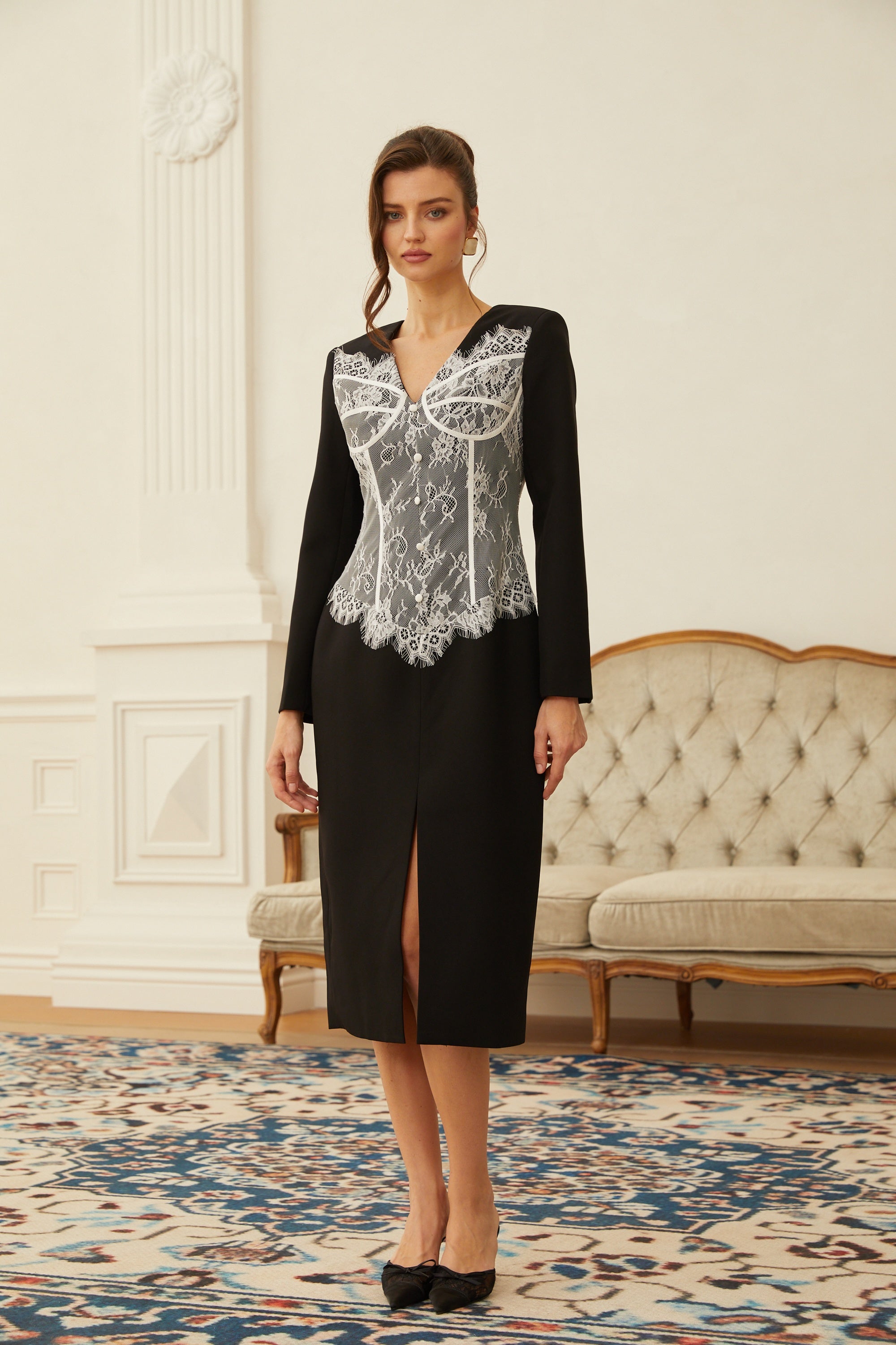 Zephyra Black Lace Corset Panel Midi Dress