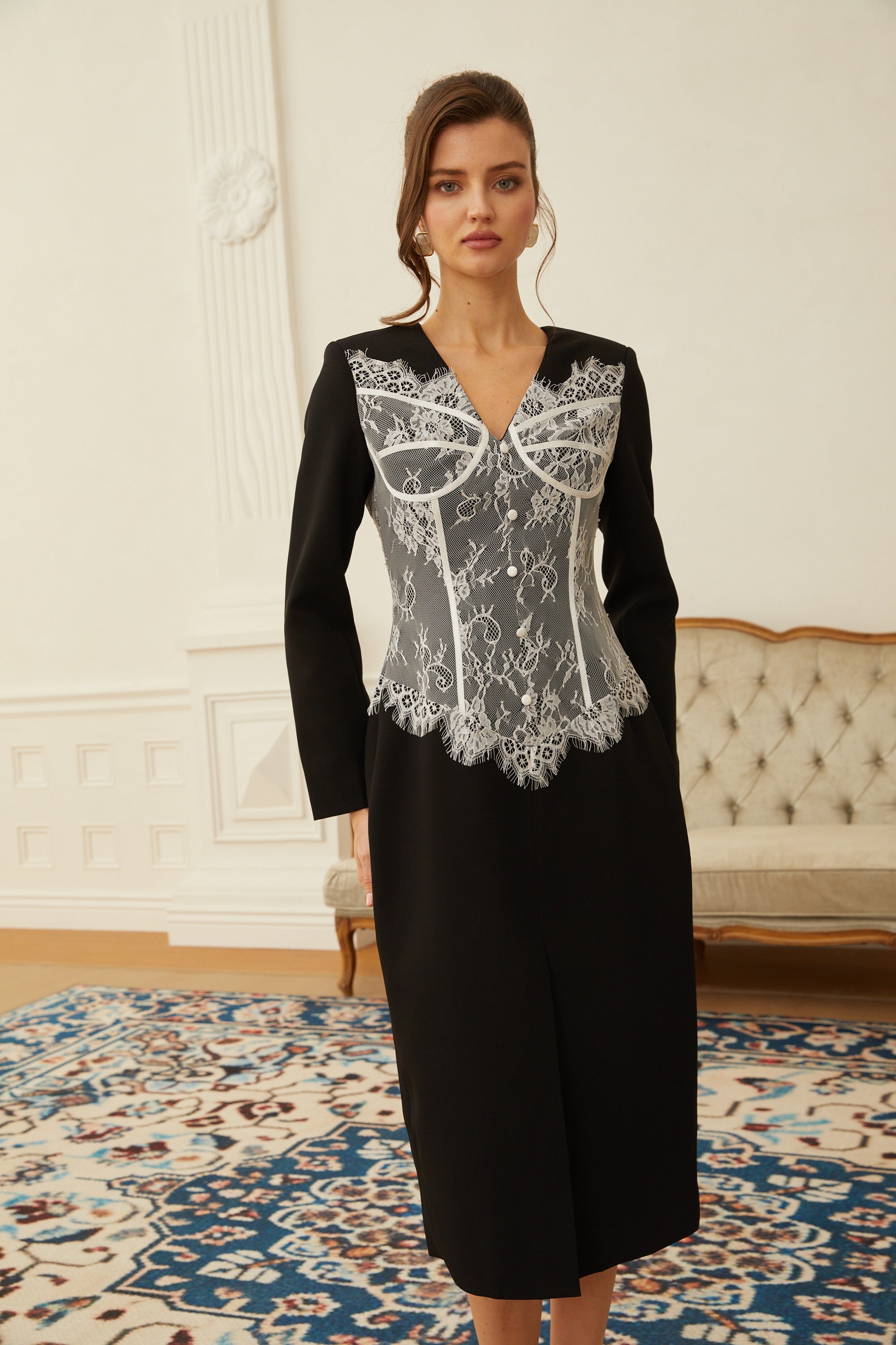 Zephyra Black Lace Corset Panel Midi Dress