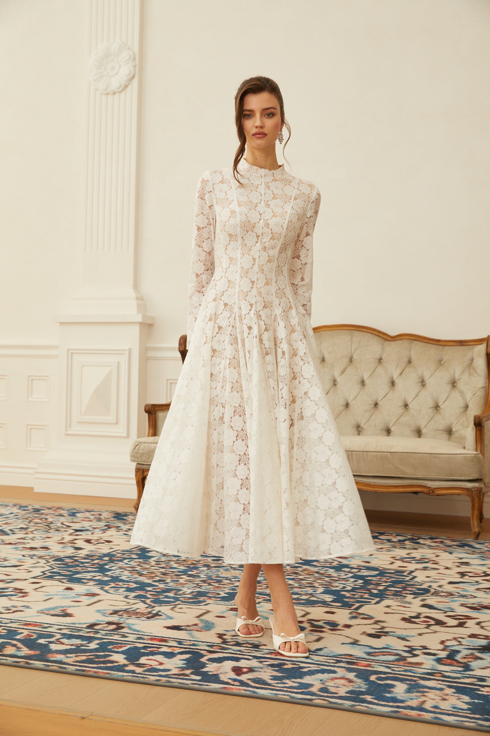 Bronte White Pleated Floral Lace Midi Dress