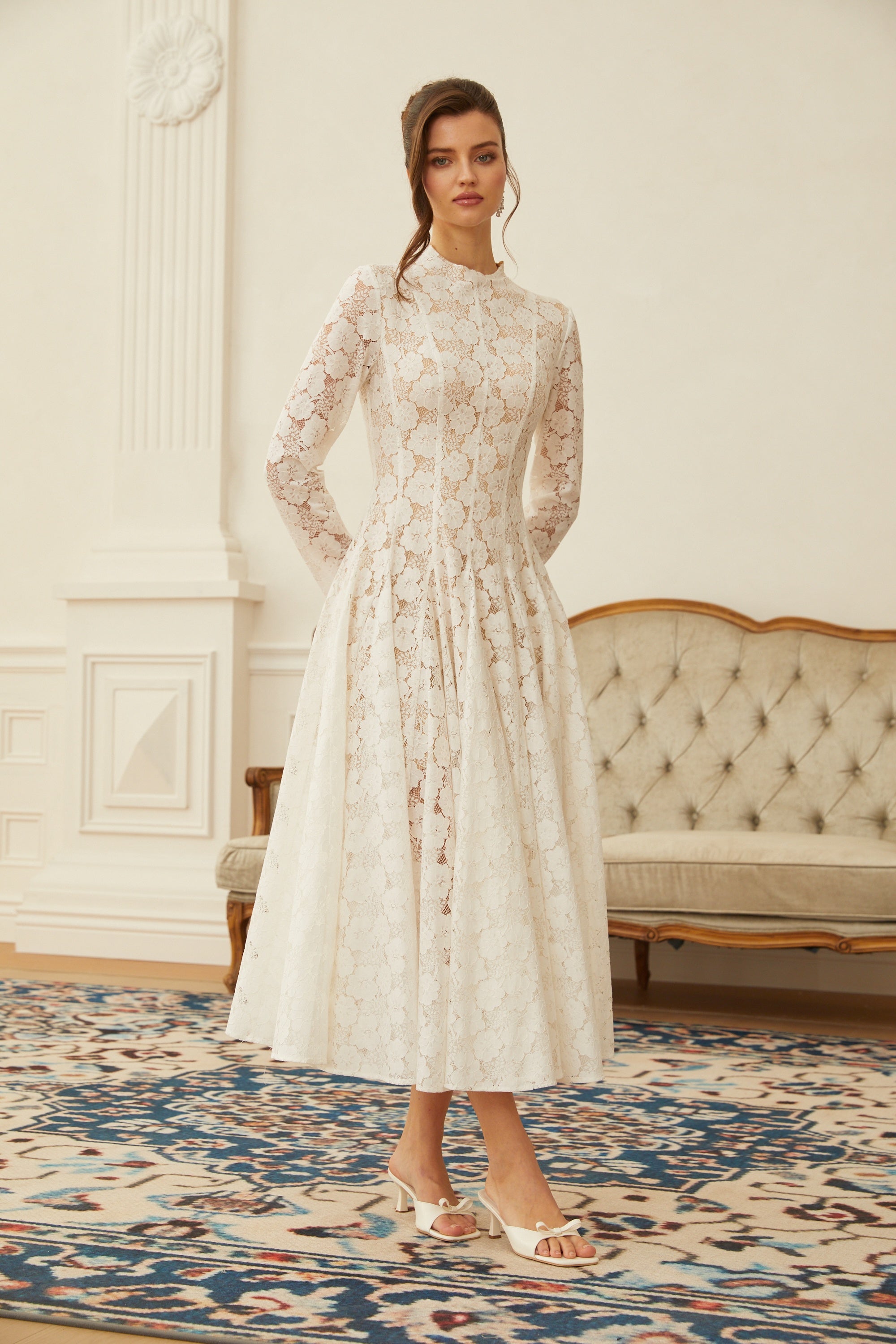 Bronte White Pleated Floral Lace Midi Dress