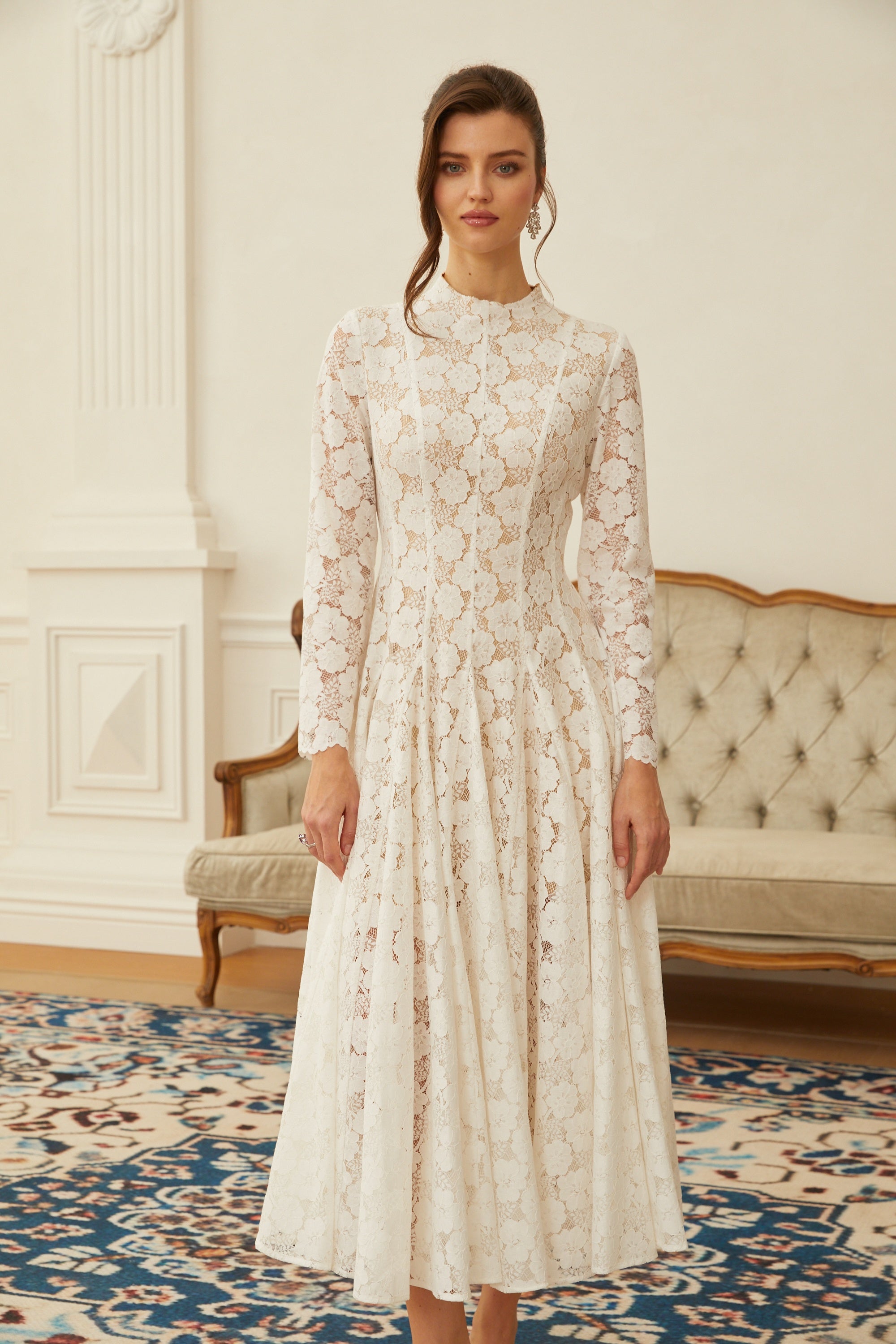 Bronte White Pleated Floral Lace Midi Dress