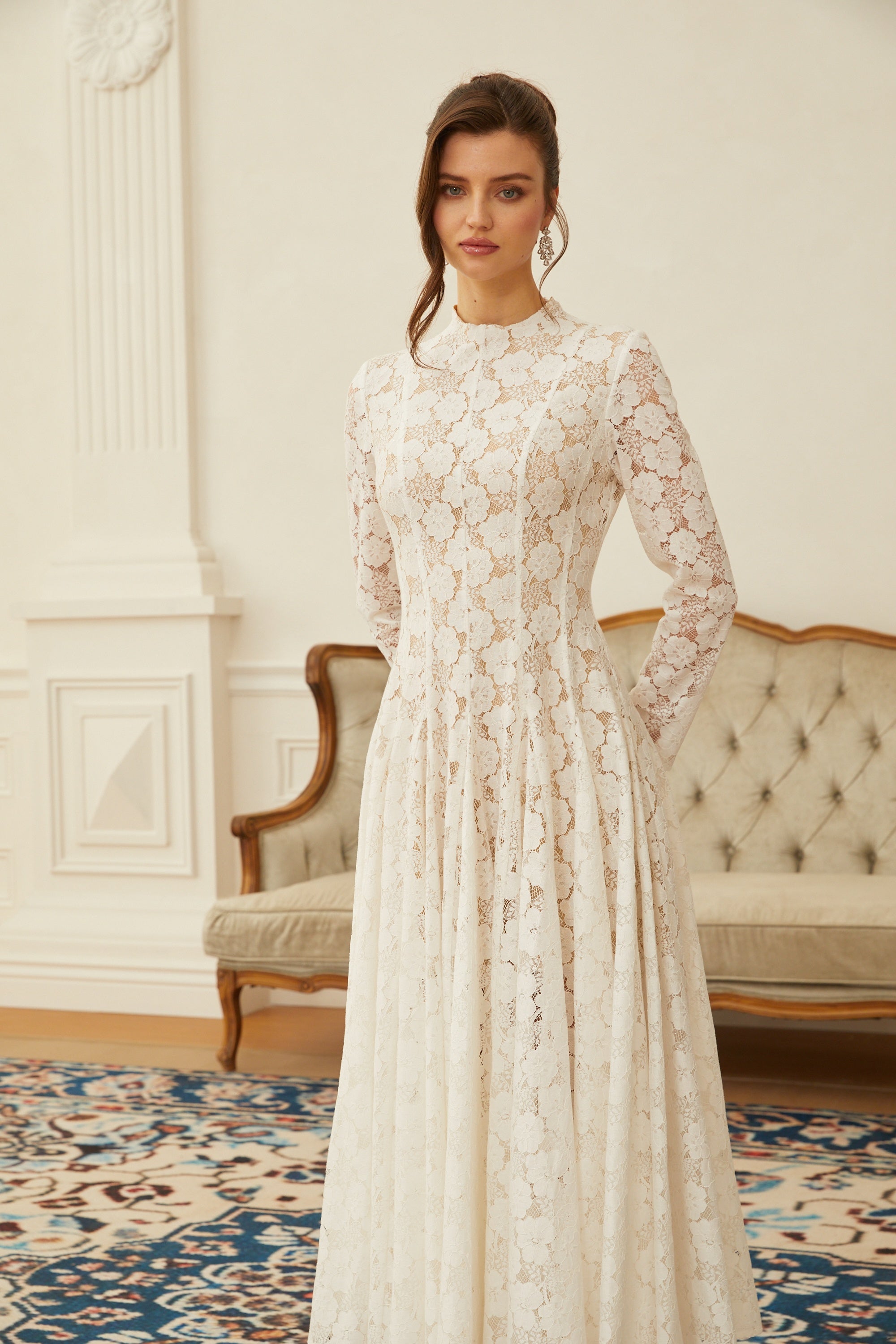 Bronte White Pleated Floral Lace Midi Dress