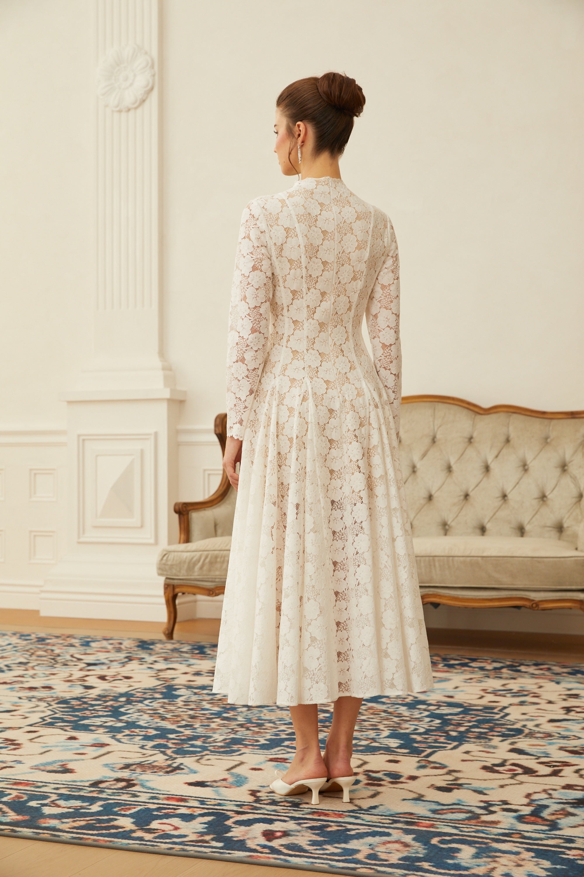 Bronte White Pleated Floral Lace Midi Dress