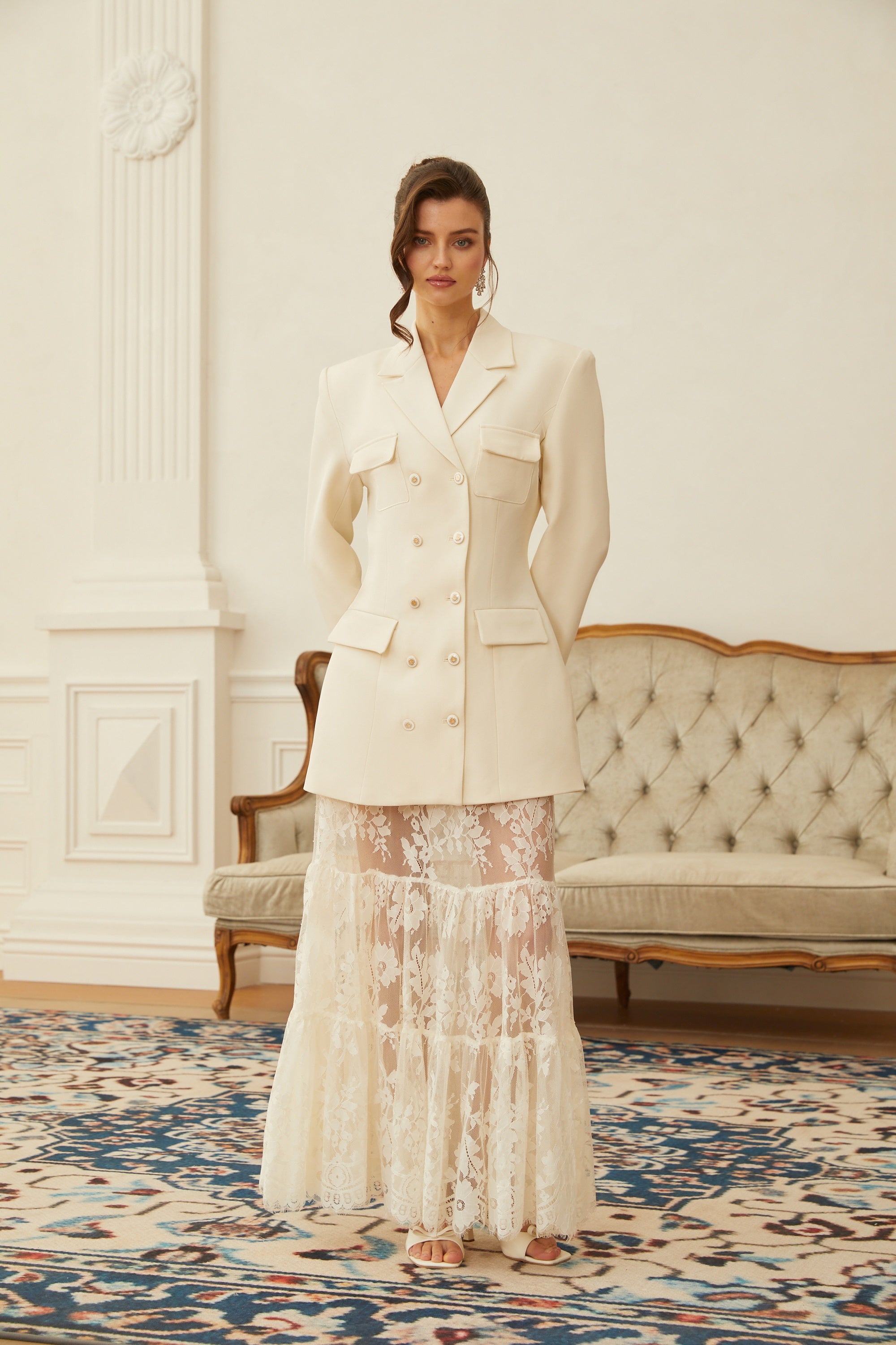 Liliana White Double-Breasted Blazer & Lace Skirt Set