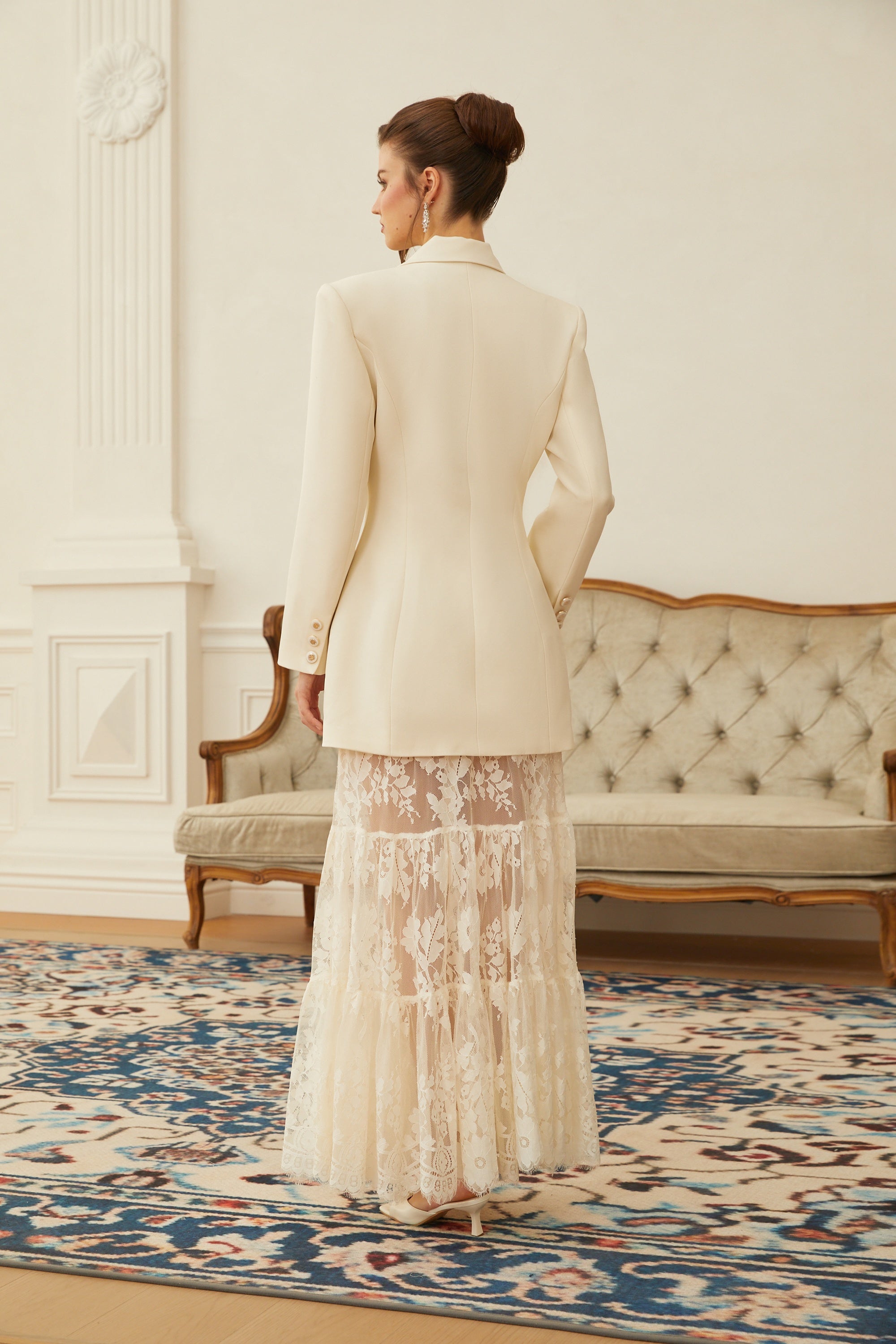 Liliana White Double-Breasted Blazer & Lace Skirt Set