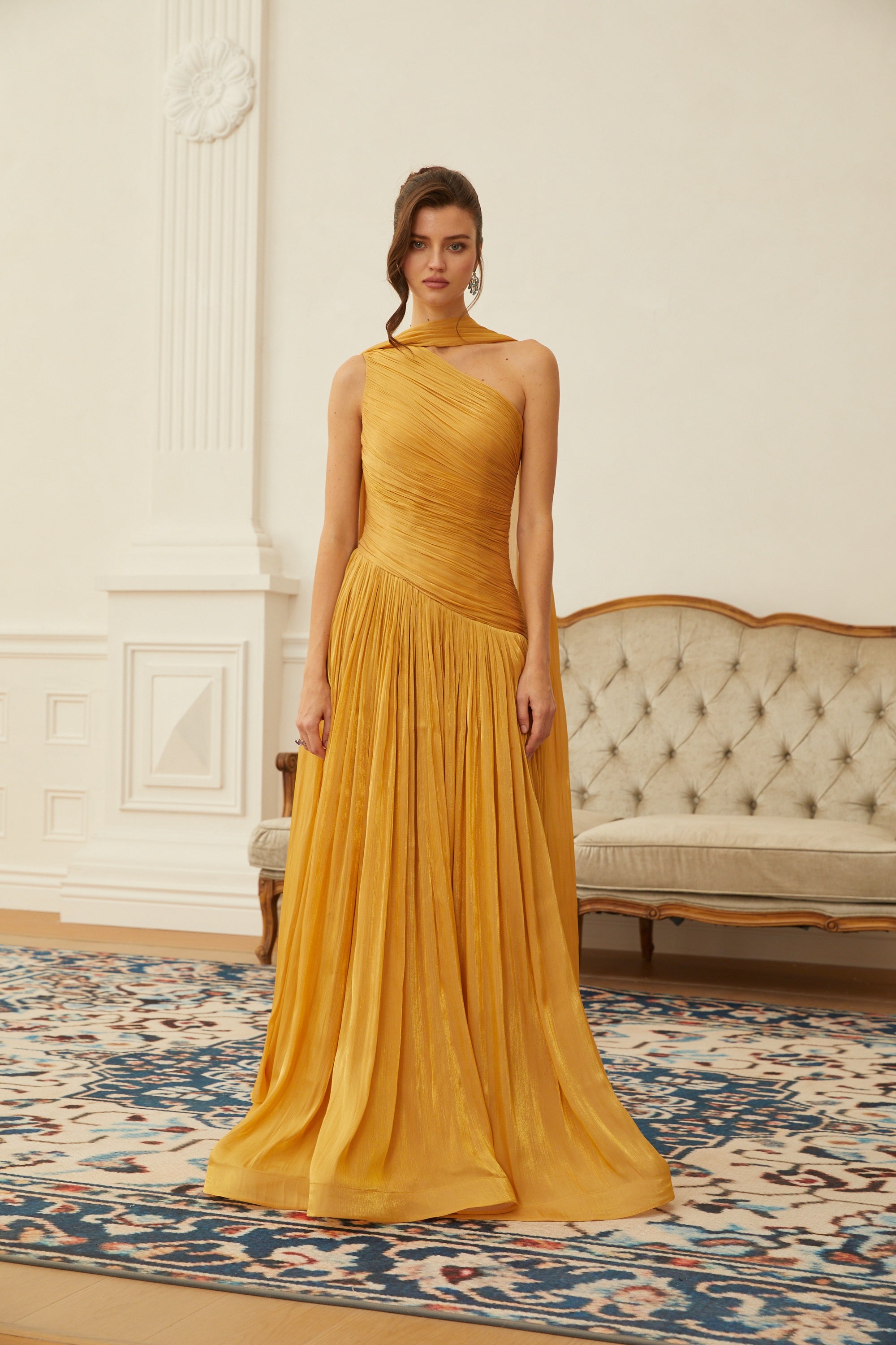 Emerald Gold One Shoulder Ruched Maxi Dress