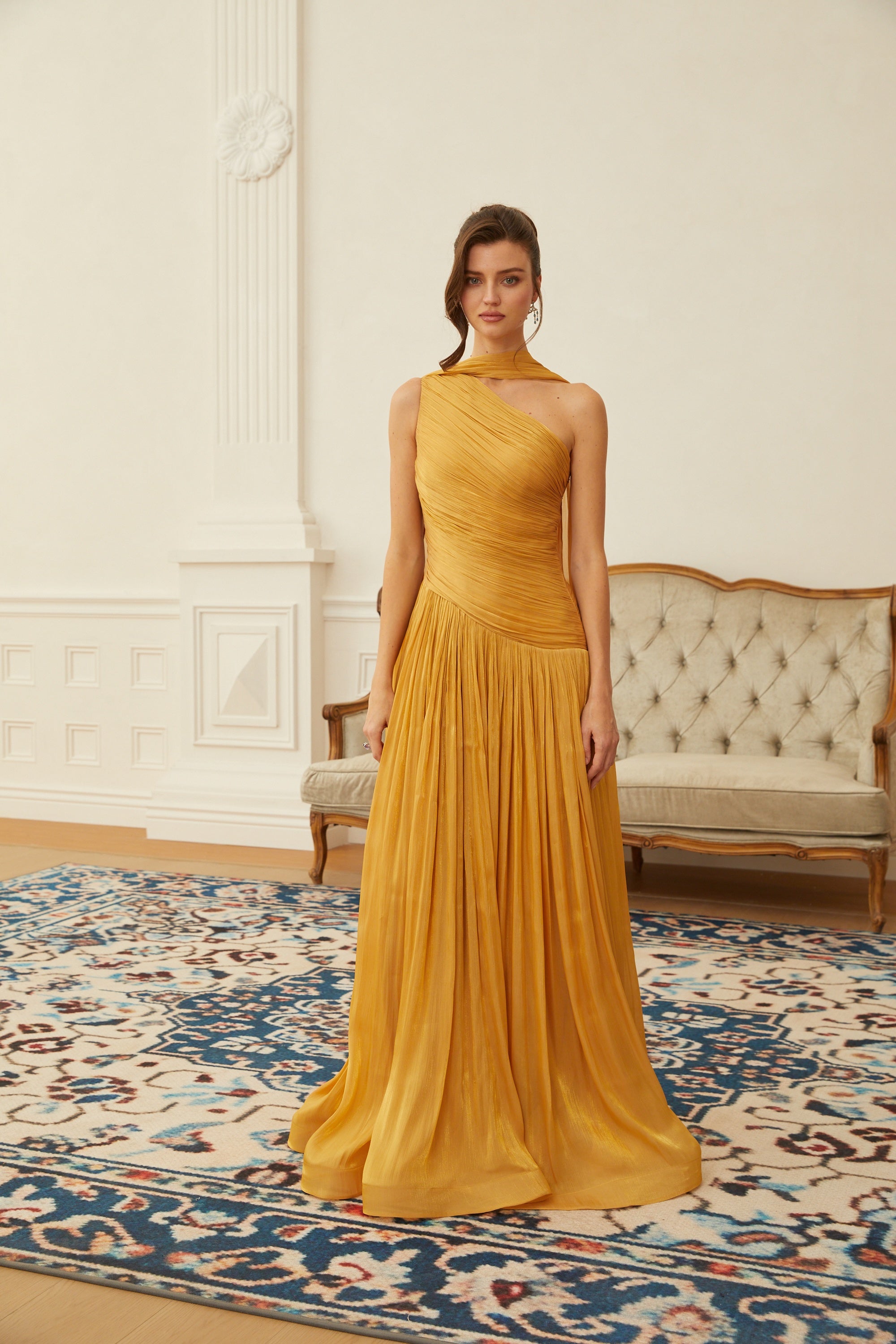 Emerald Gold One Shoulder Ruched Maxi Dress