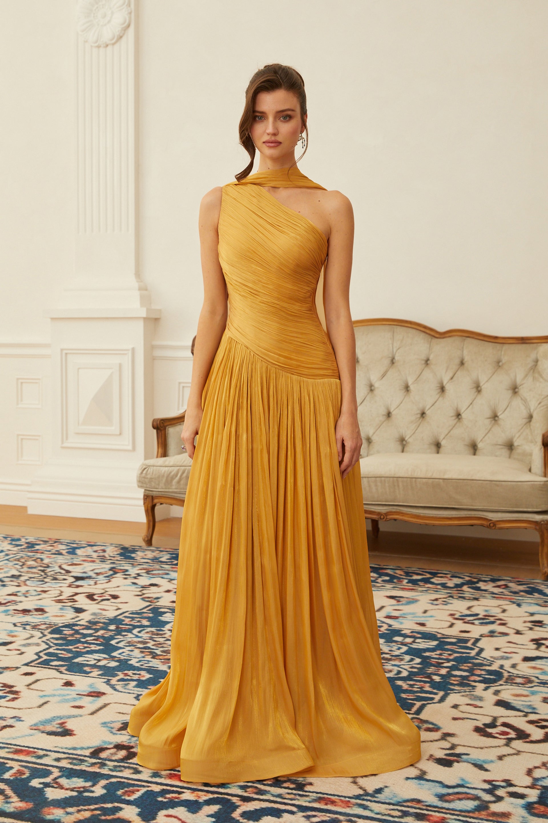 Emerald Gold One Shoulder Ruched Maxi Dress, XS / Gold Emerald Gold One Shoulder Ruched Maxi Dress, XS / Gold