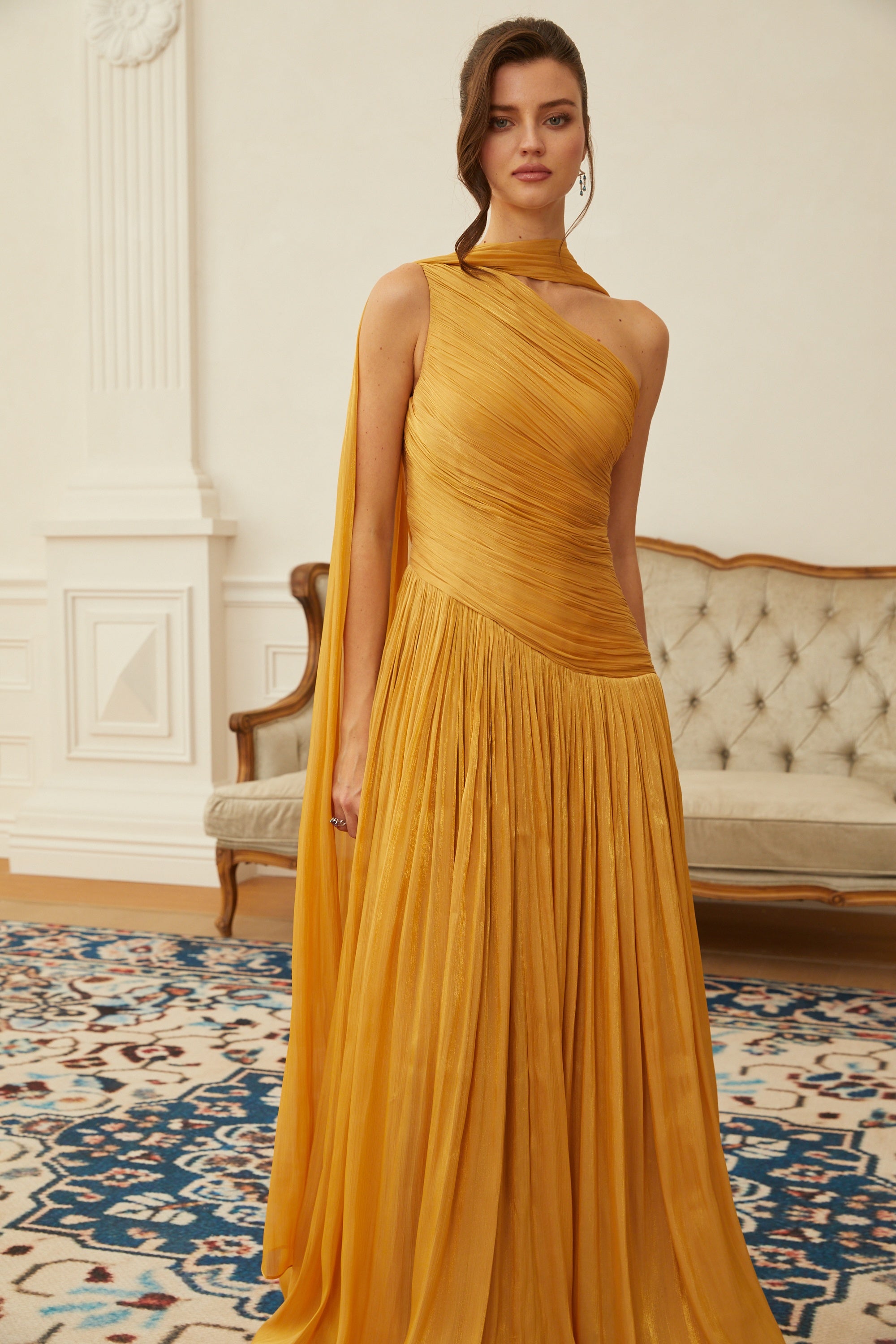 Emerald Gold One Shoulder Ruched Maxi Dress