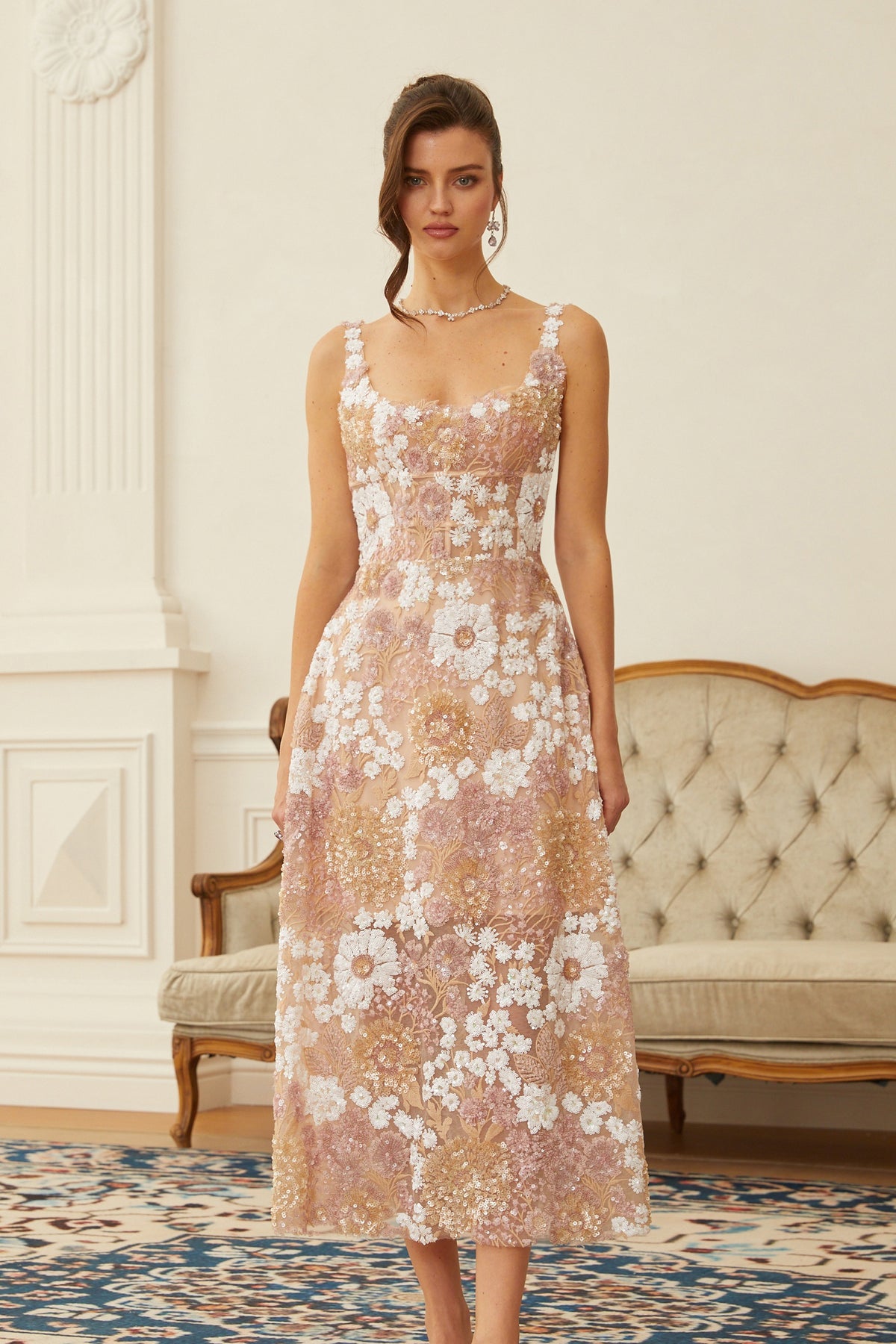 thurley rose ceremony midi dress Eirlys Neutral Sequined Floral Tulle Midi Dress, M / Neutrals