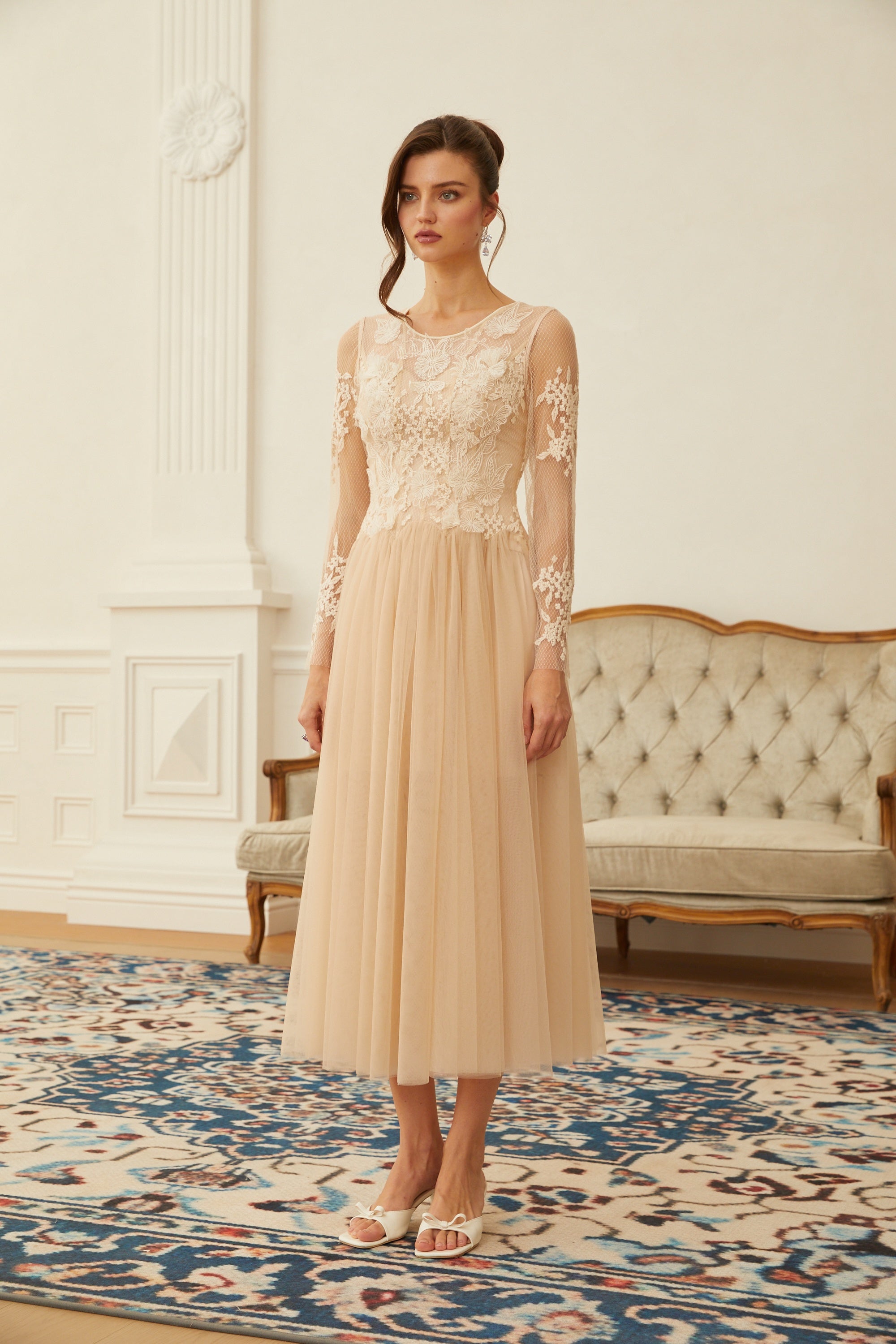 Aviana  Neutral Lace Panel Tulle Midi Dress