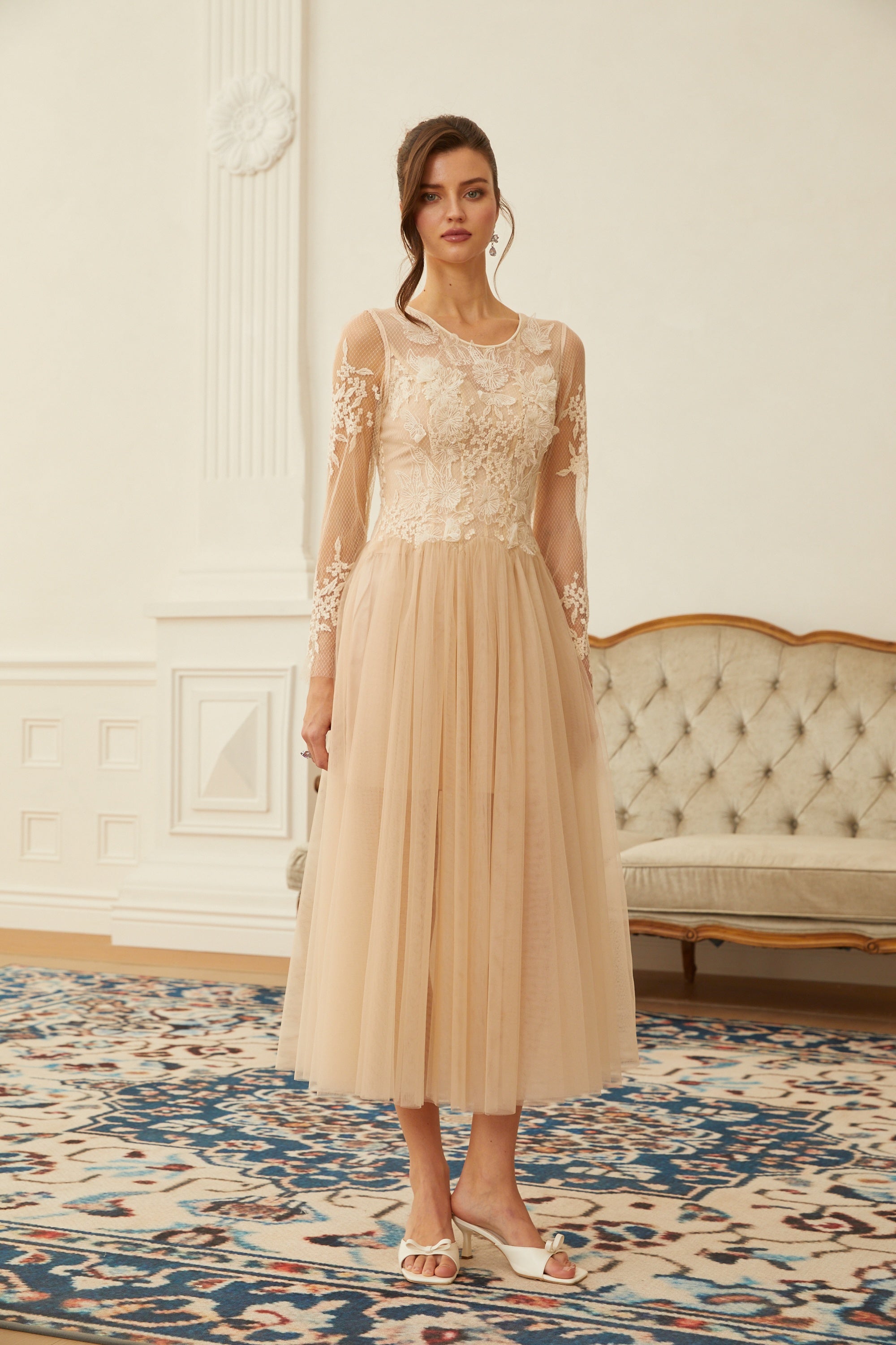 Aviana  Neutral Lace Panel Tulle Midi Dress