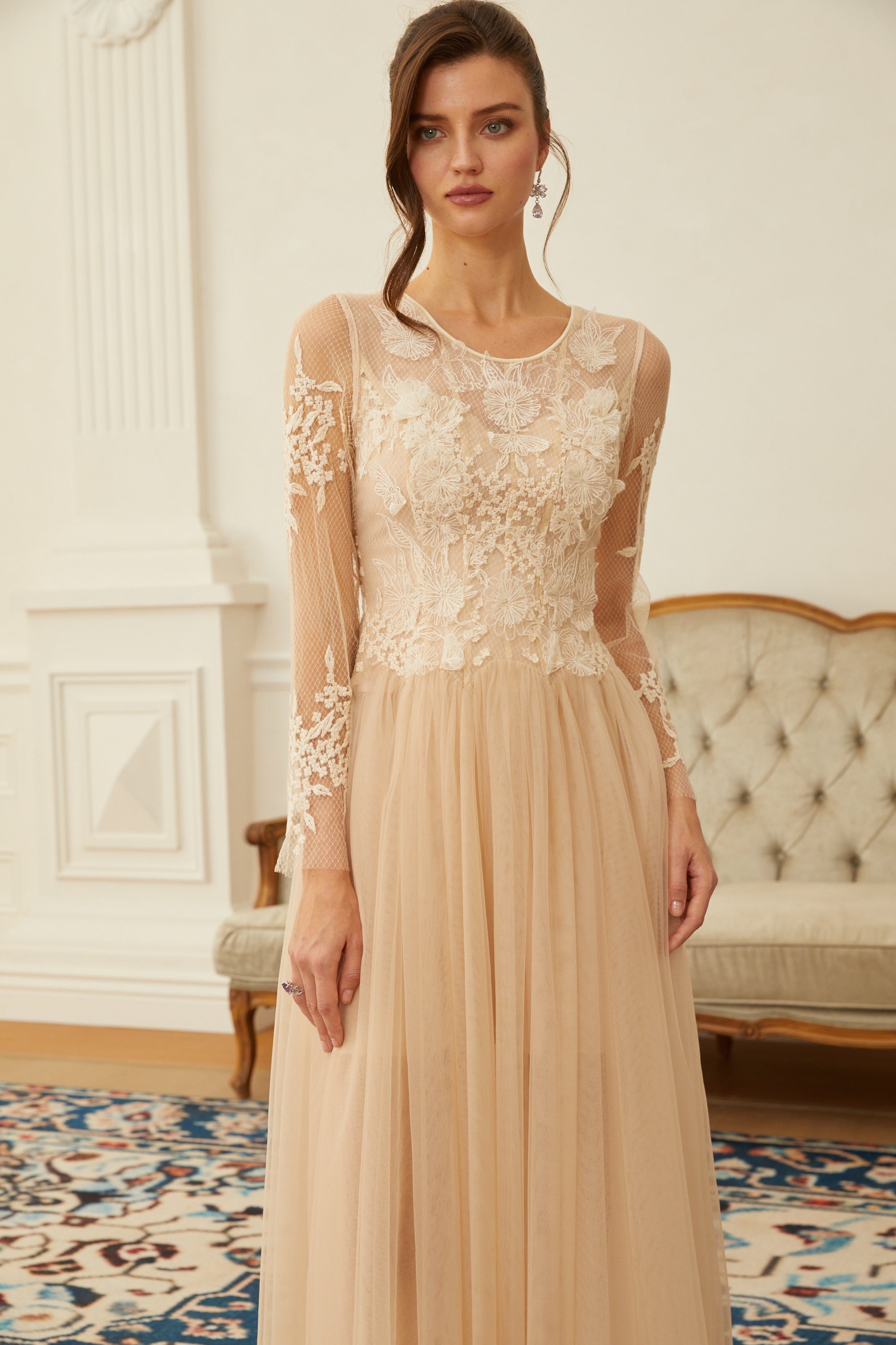 Aviana  Neutral Lace Panel Tulle Midi Dress