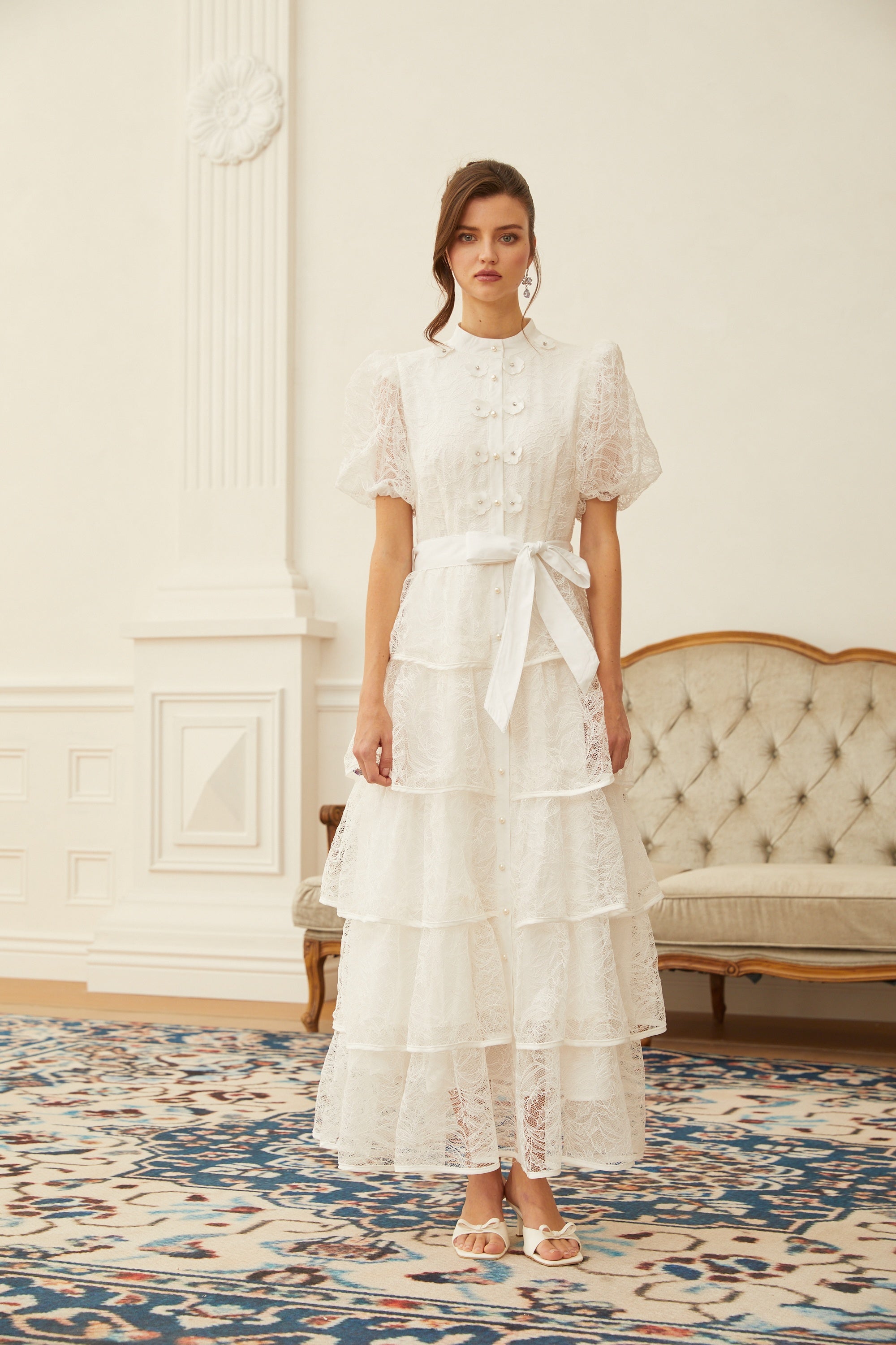 Verity White Floral Lace Tiered Maxi Dress