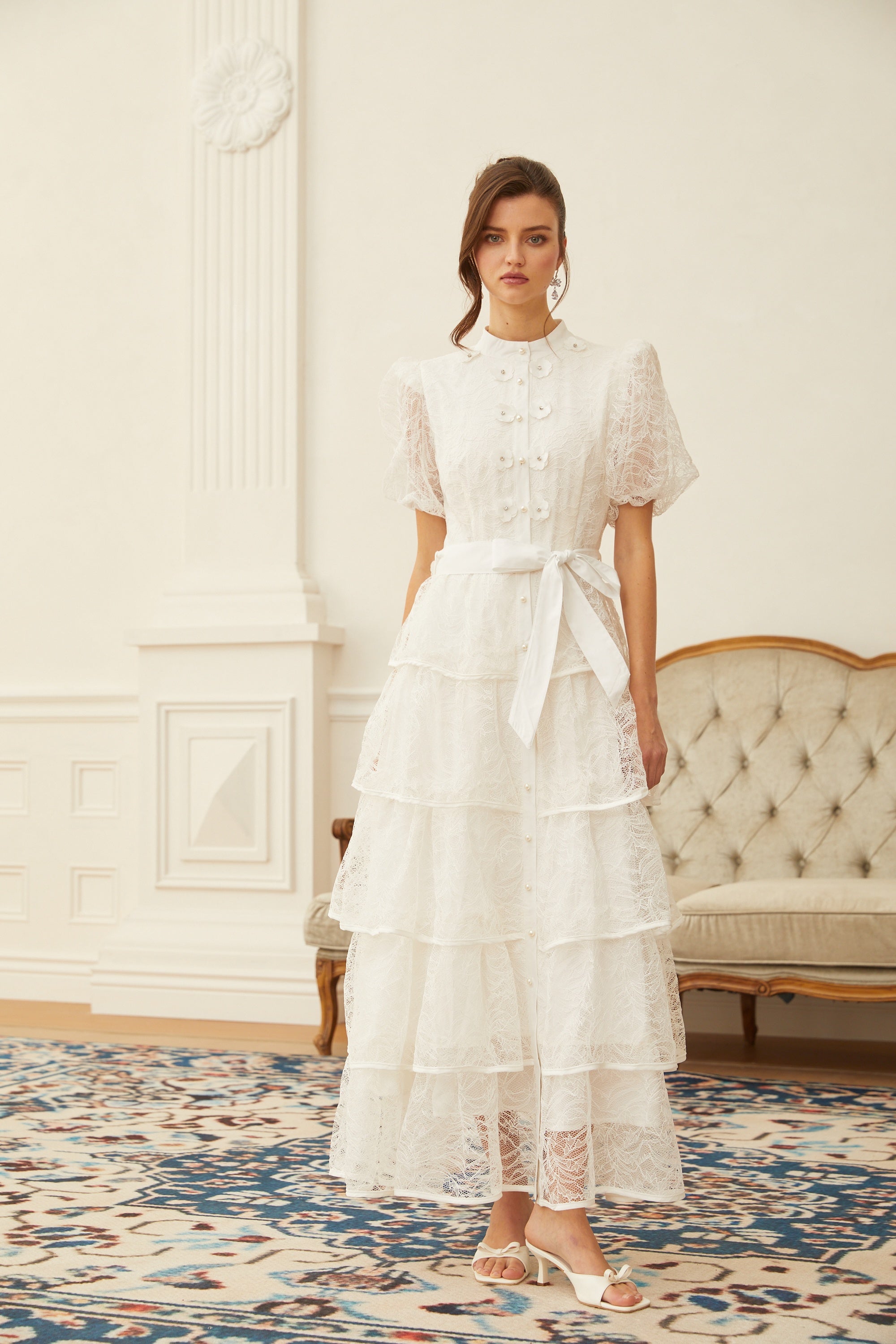 Verity White Floral Lace Tiered Maxi Dress