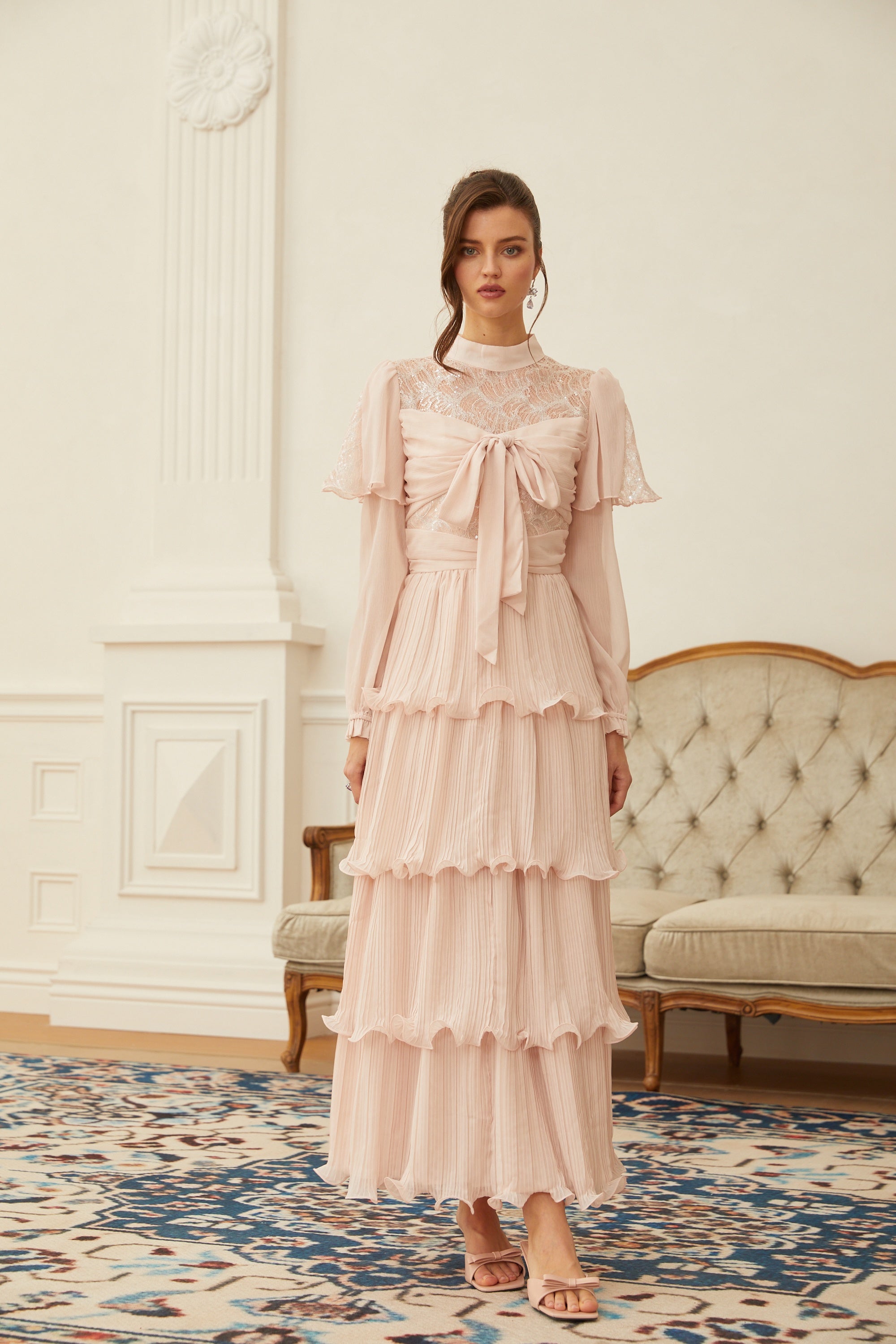 Adelaide Pink Lace Panel Tiered Maxi Dress (Final Sale-US Only)