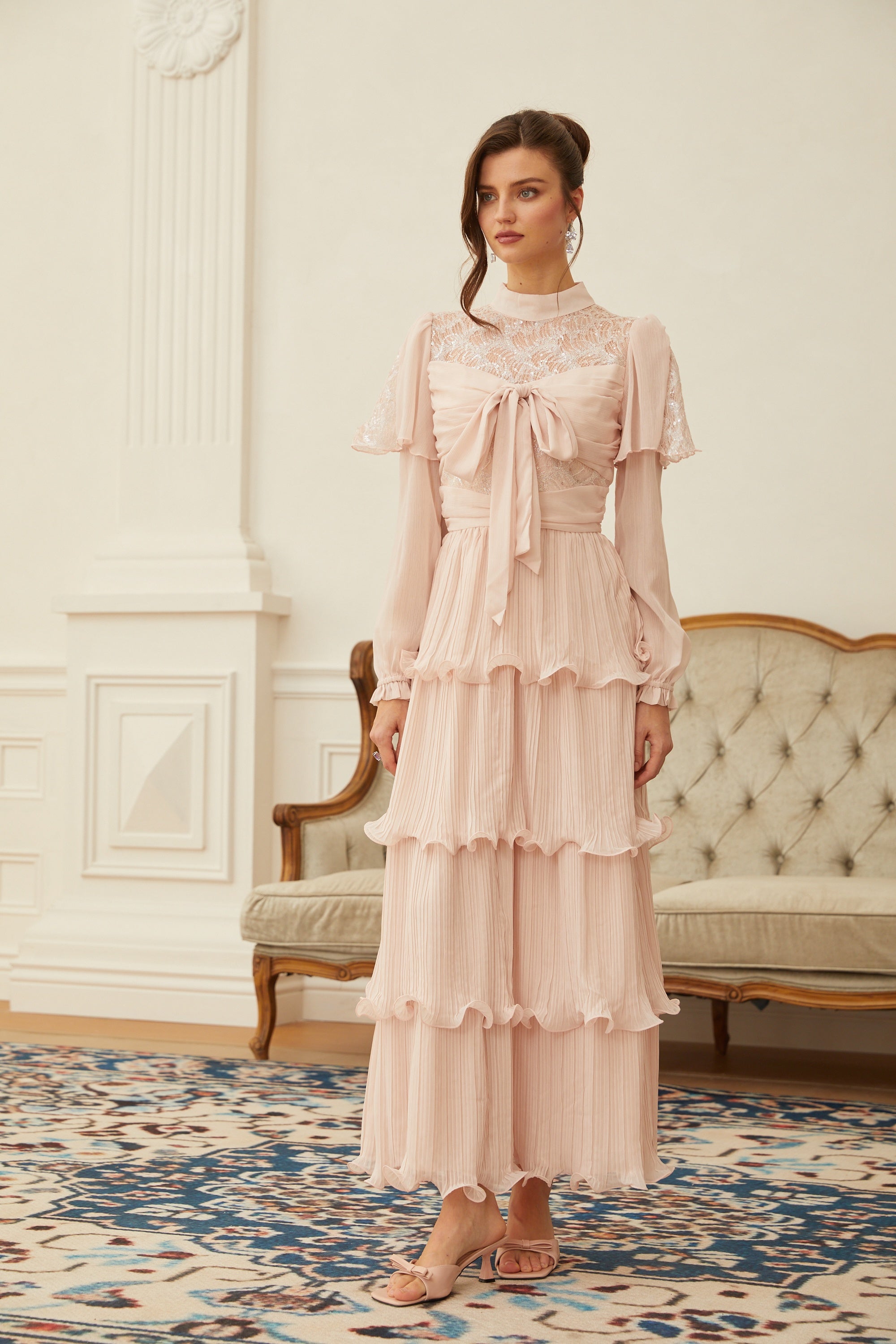ワンピース MYLAN Cashmere Layered Dress Adelaide Pink Lace Panel Tiered Maxi Dress (Final Sale-US Only)