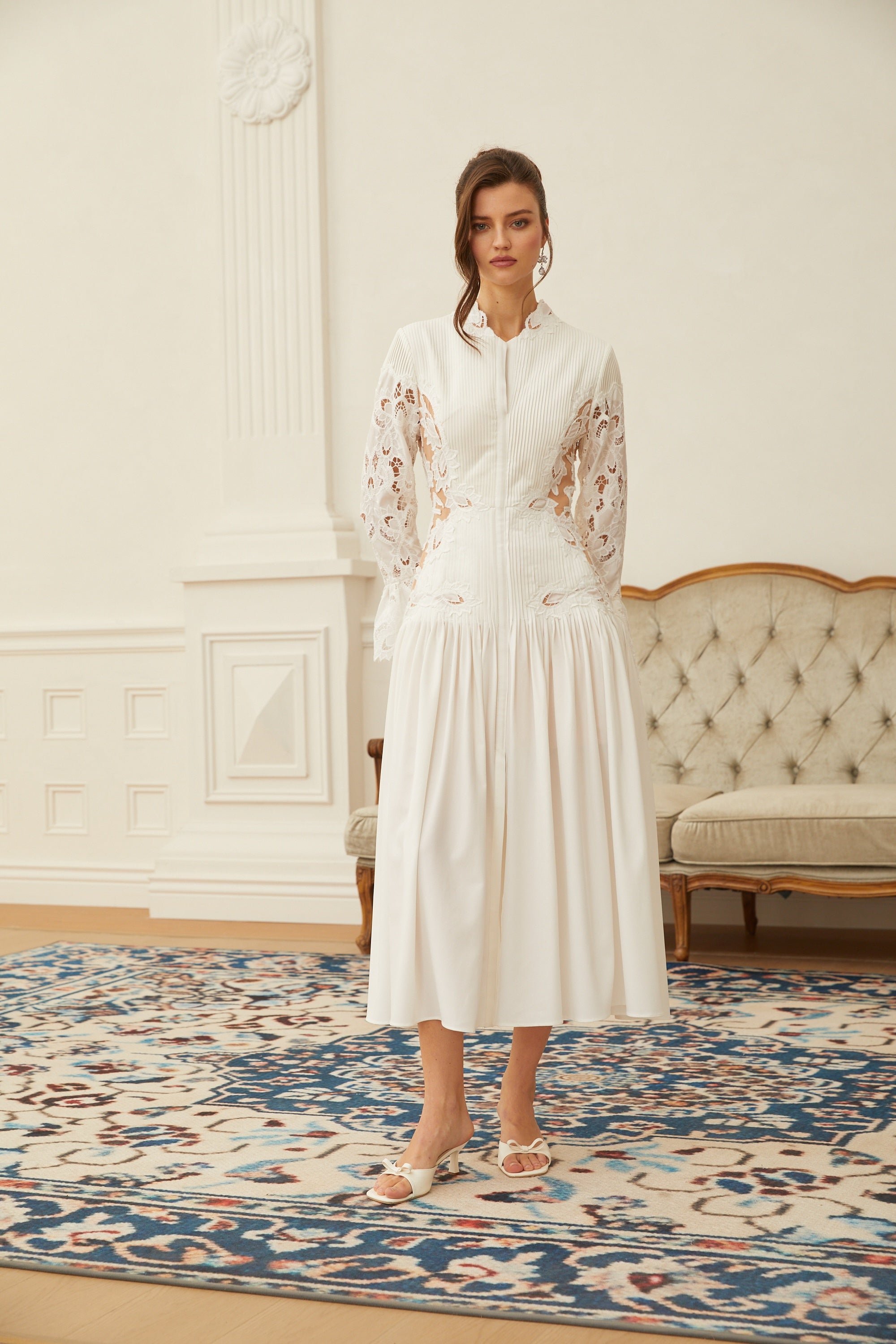 Chiara White Lace Panel Pleated Midi Dress