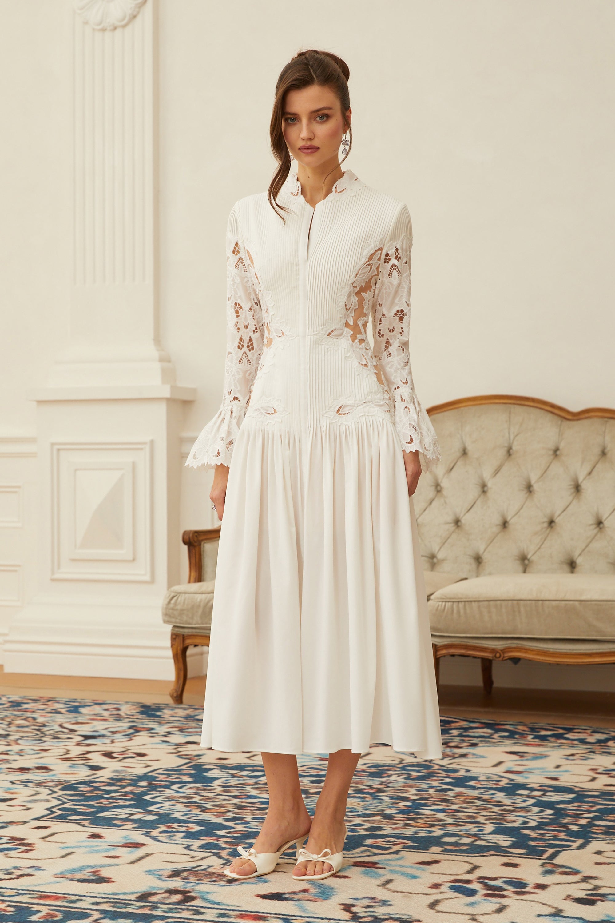 Chiara White Lace Panel Pleated Midi Dress