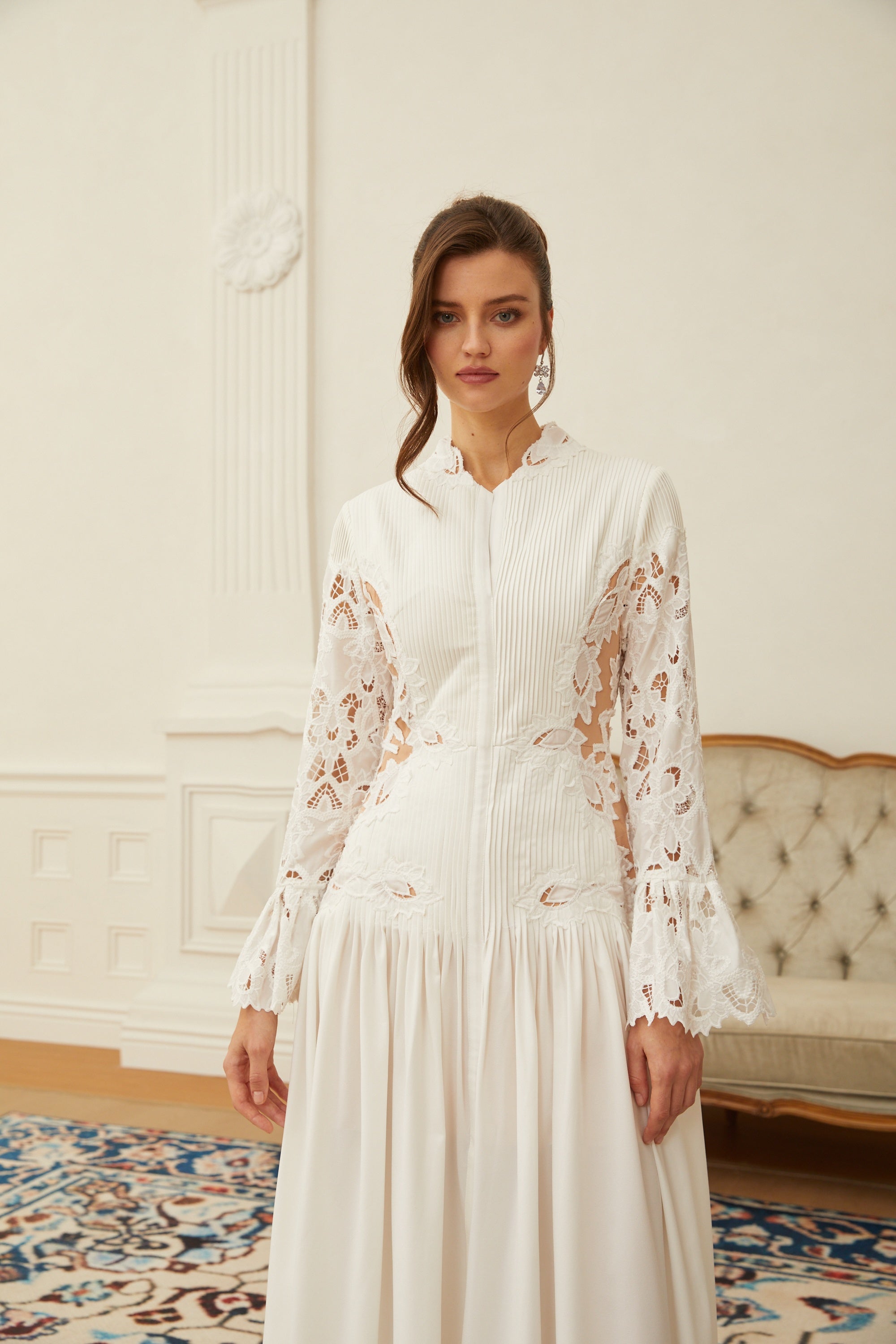 Chiara White Lace Panel Pleated Midi Dress