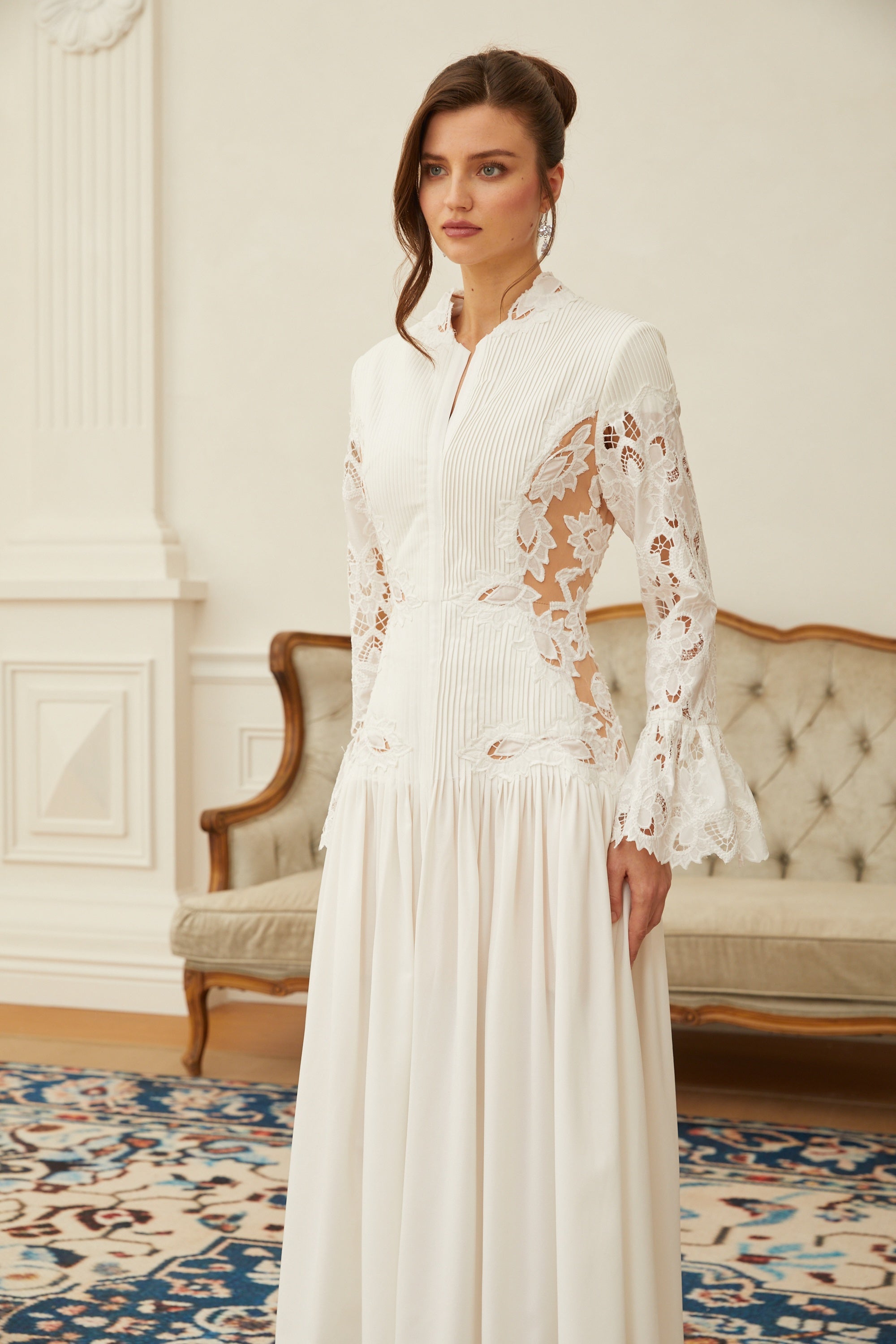 Chiara White Lace Panel Pleated Midi Dress