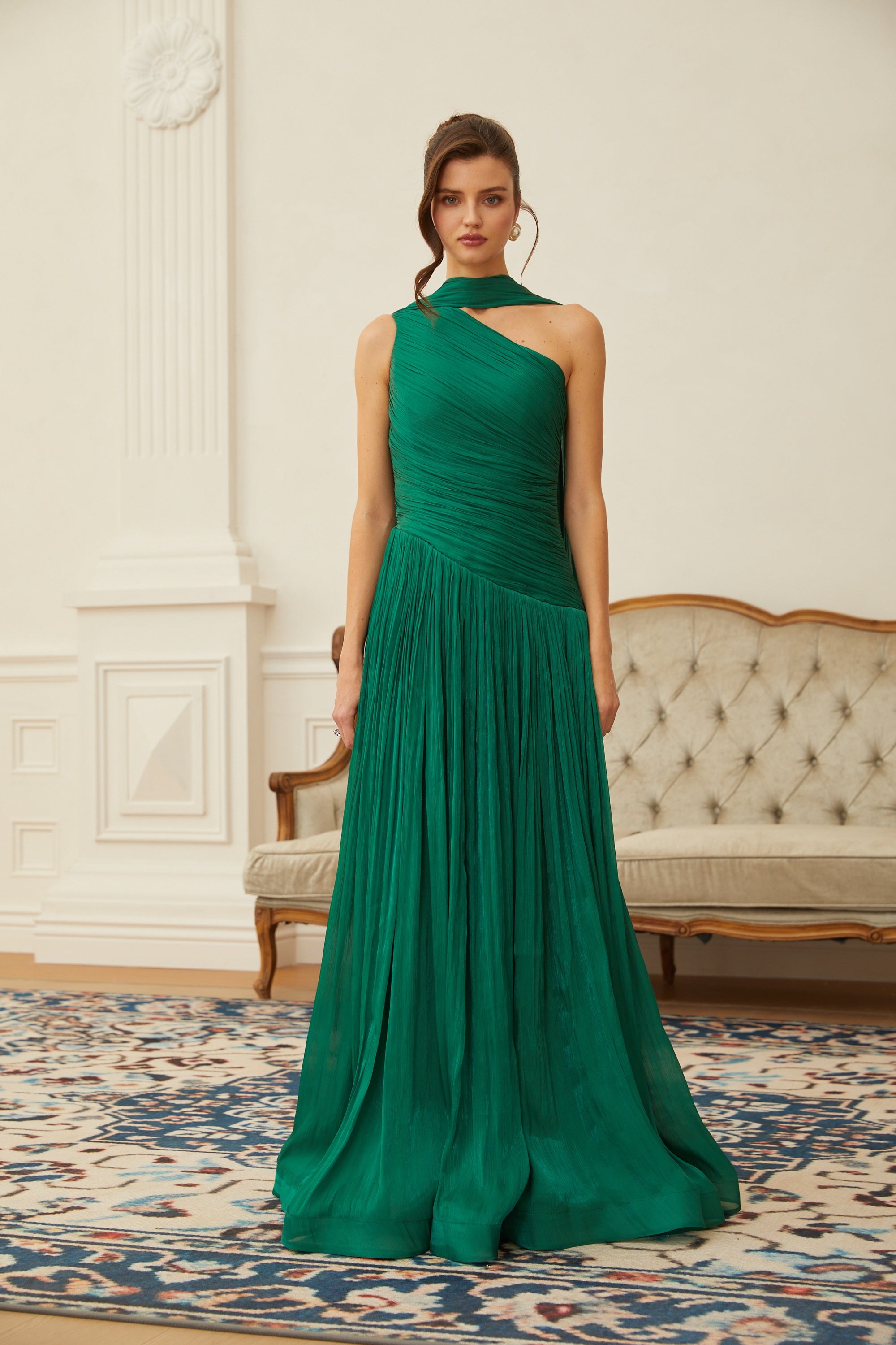 Emerald Green One Shoulder Ruched Maxi Dress