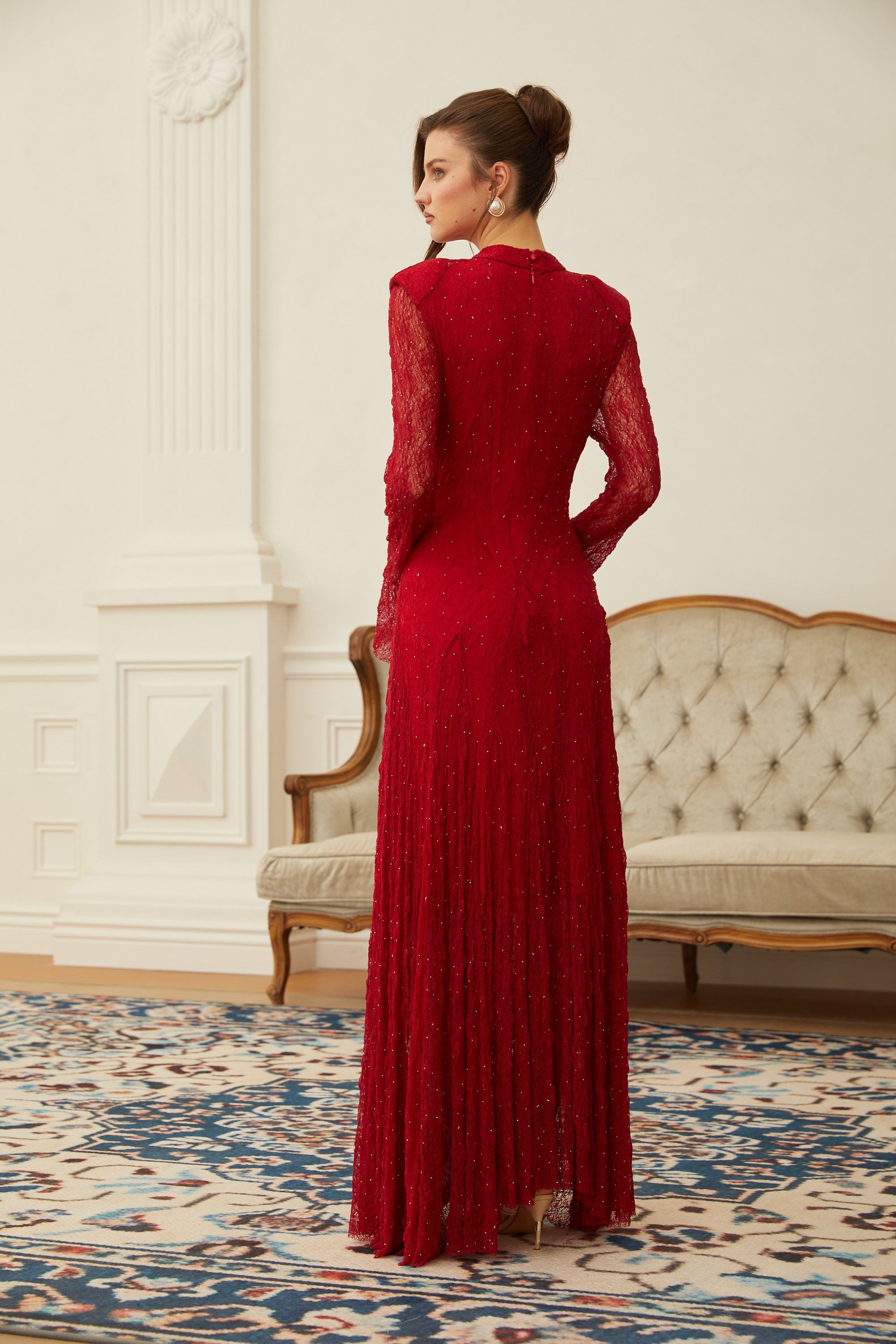 miss rosier ワンピース♡ Justyna Red Rhinestone Guipure Lace Maxi Dress