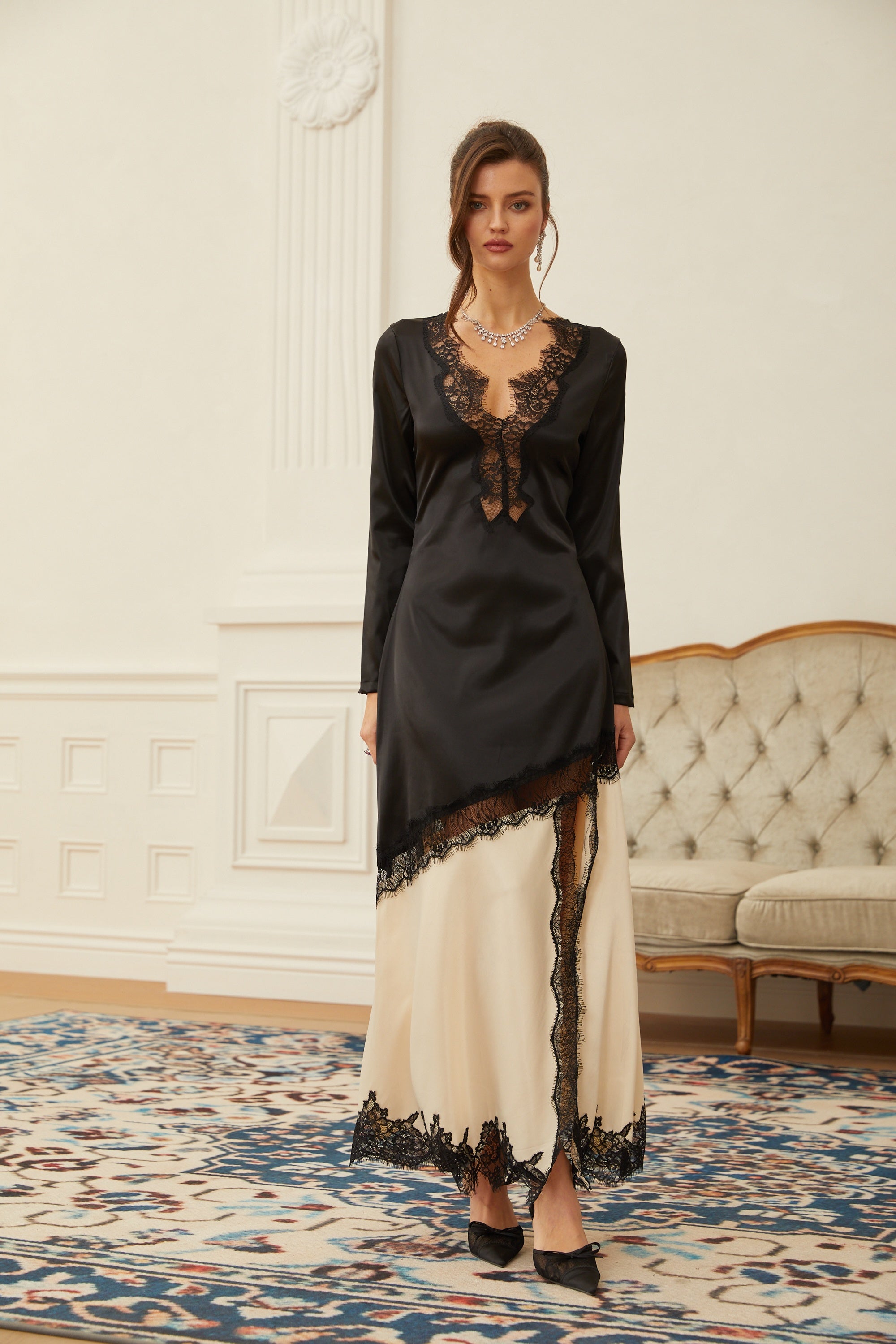 Daniela Black Lace Panel Satin Midi Dress