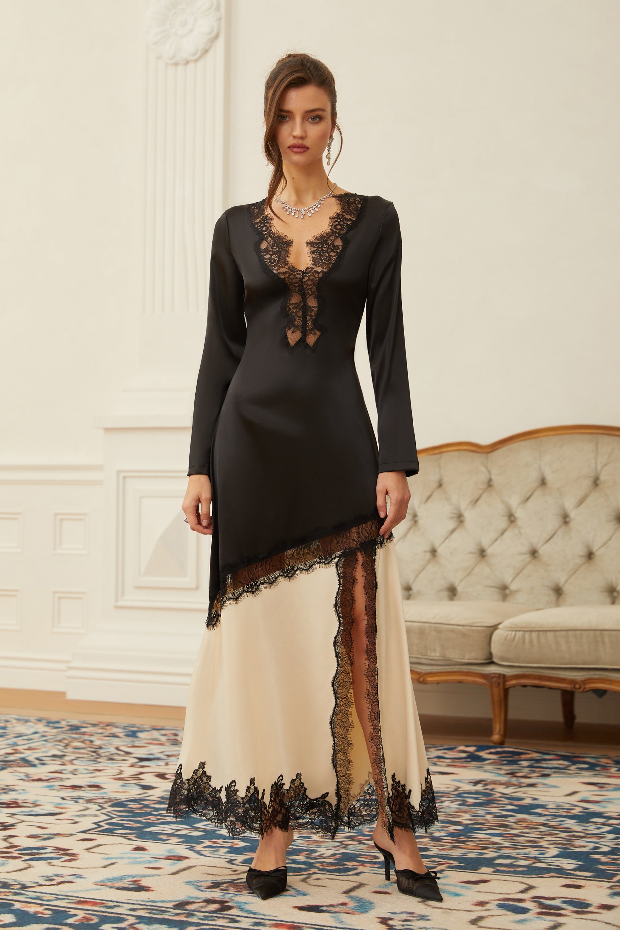 Daniela Black Lace Panel Satin Midi Dress