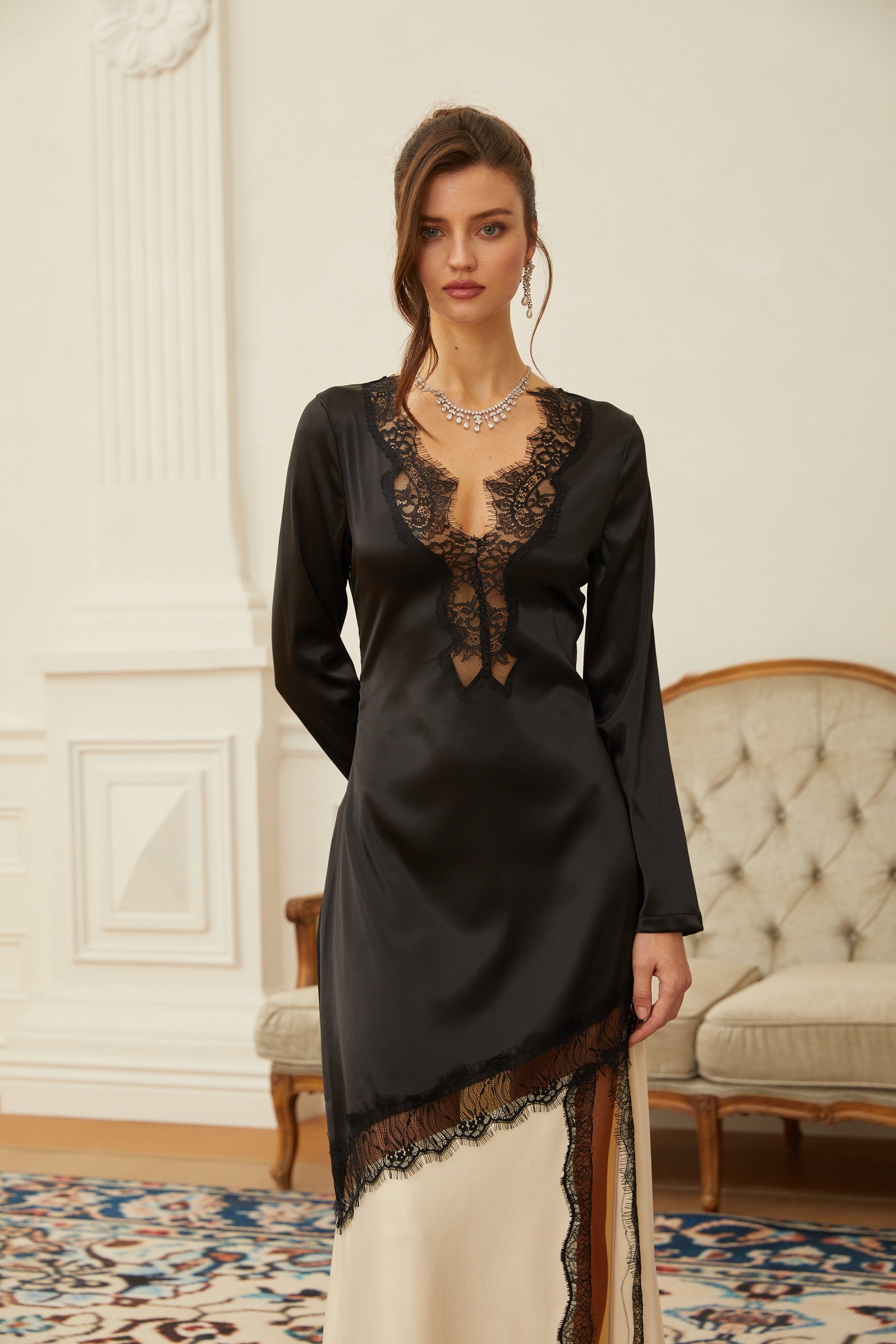 Daniela Black Lace Panel Satin Midi Dress