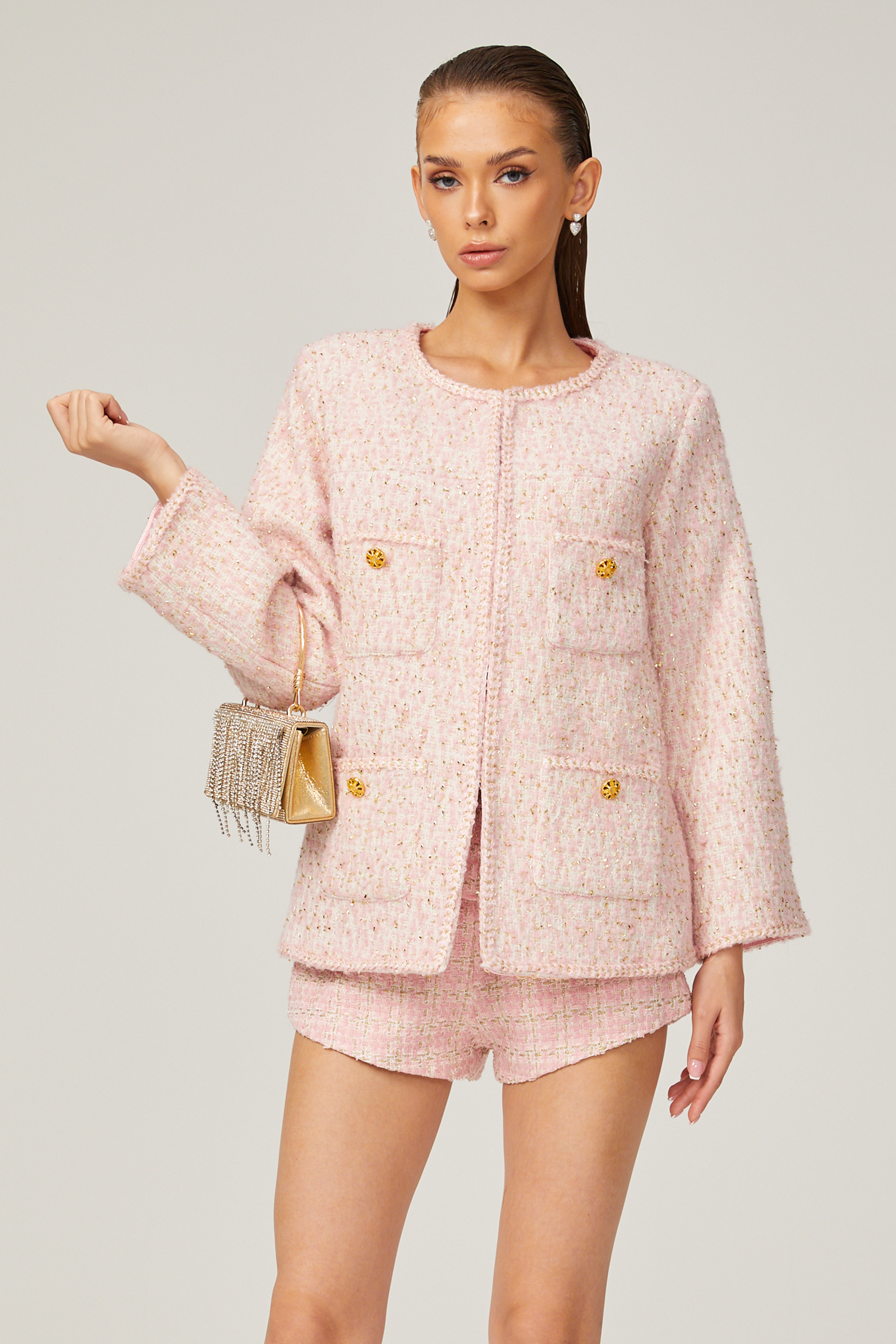 Clarisse – Rosa Tweed-Jacke mit geflochtenem Rand 