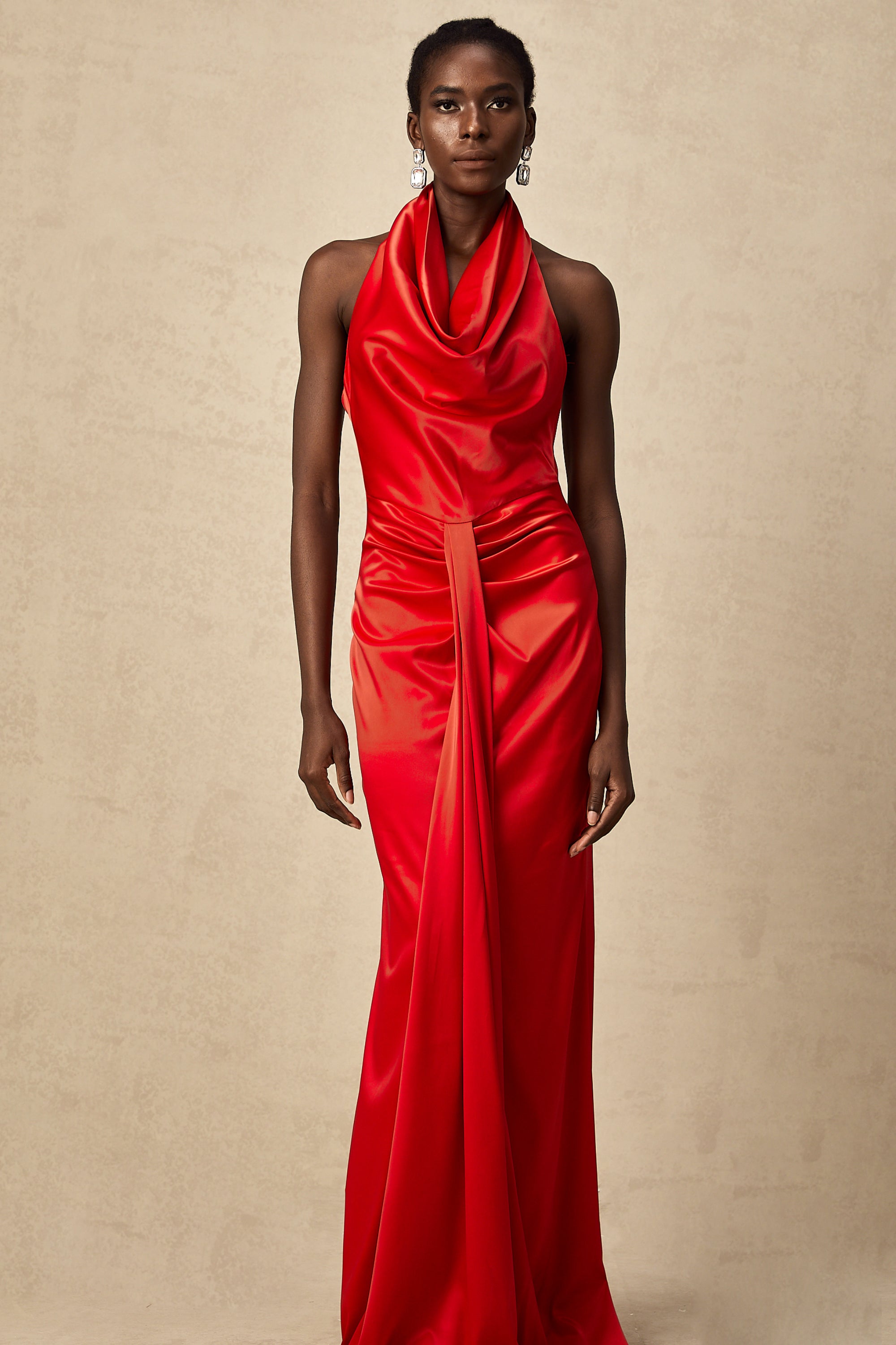 Alix red halterneck draped satin maxi dress