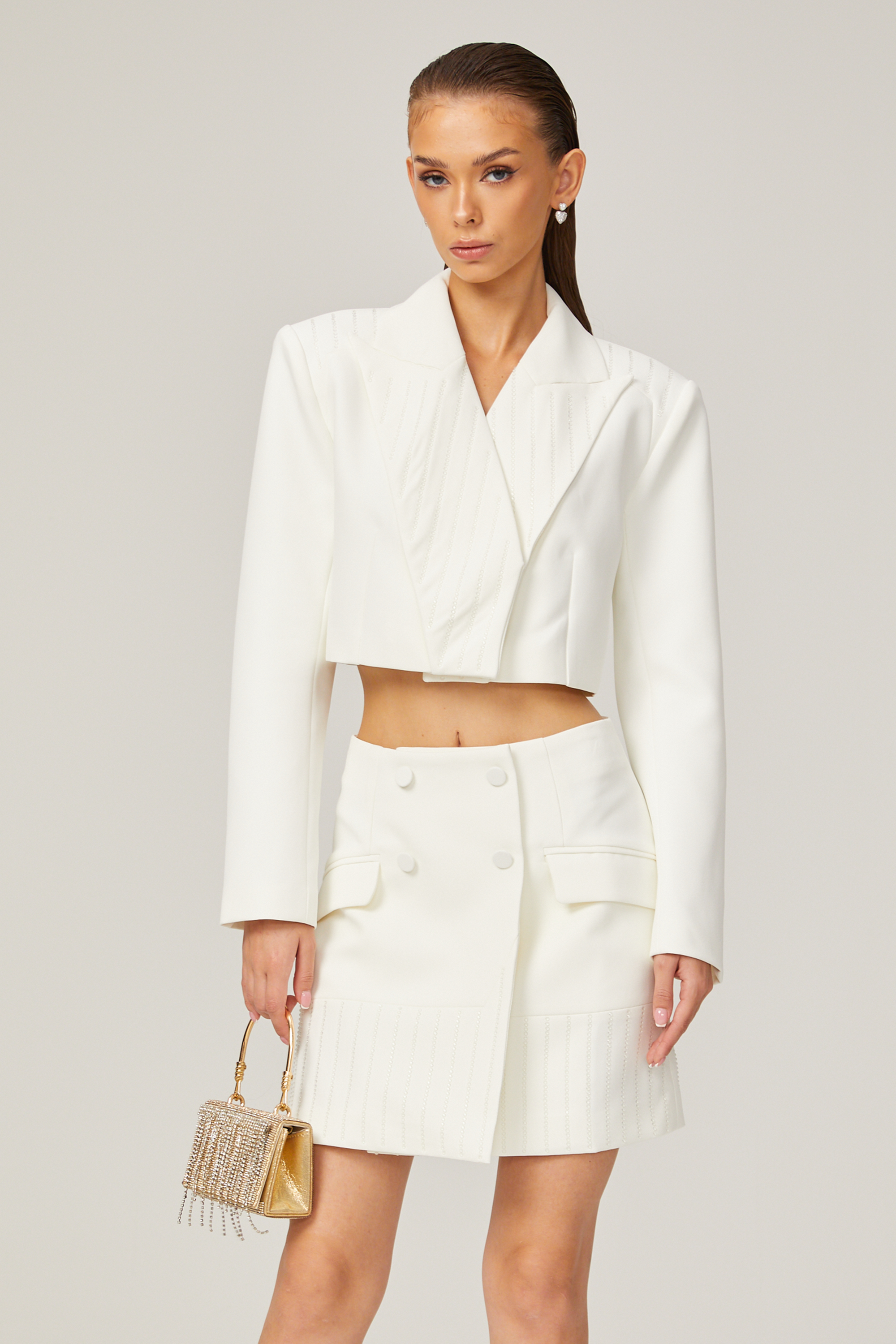 Carlotta white embellished jacket & skirt matching set