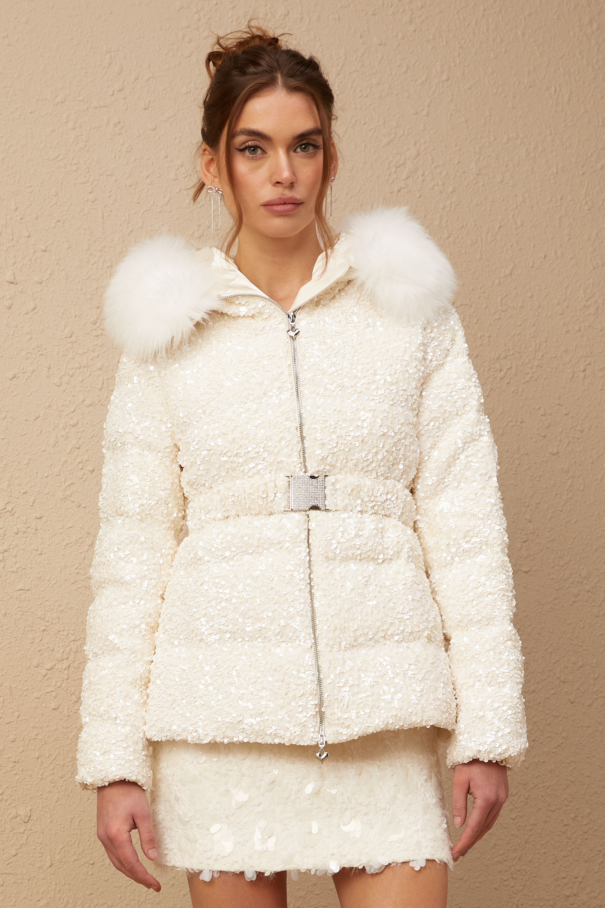 Madeleine white furry-collar padded duck-down sequined belted coat