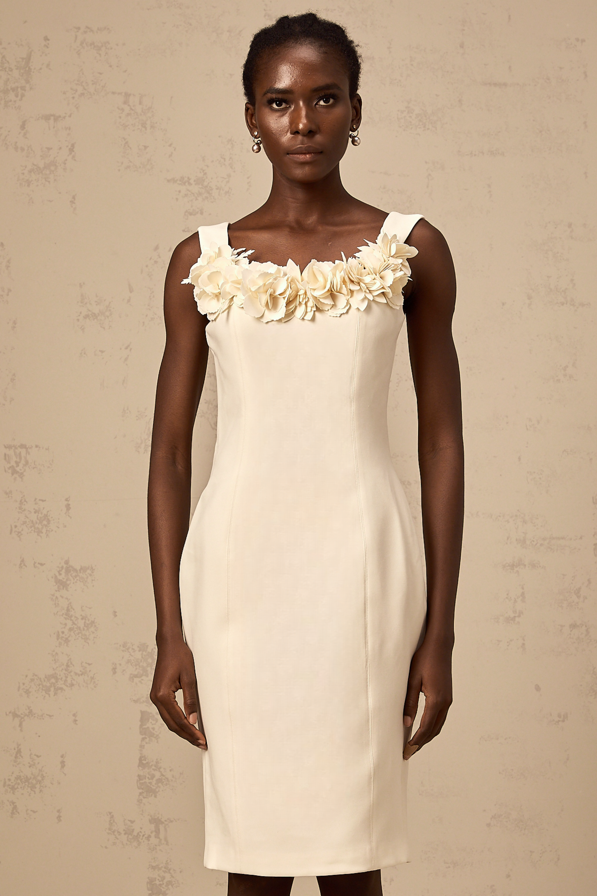 Vérane white 3d-petal sleeveless midi dress