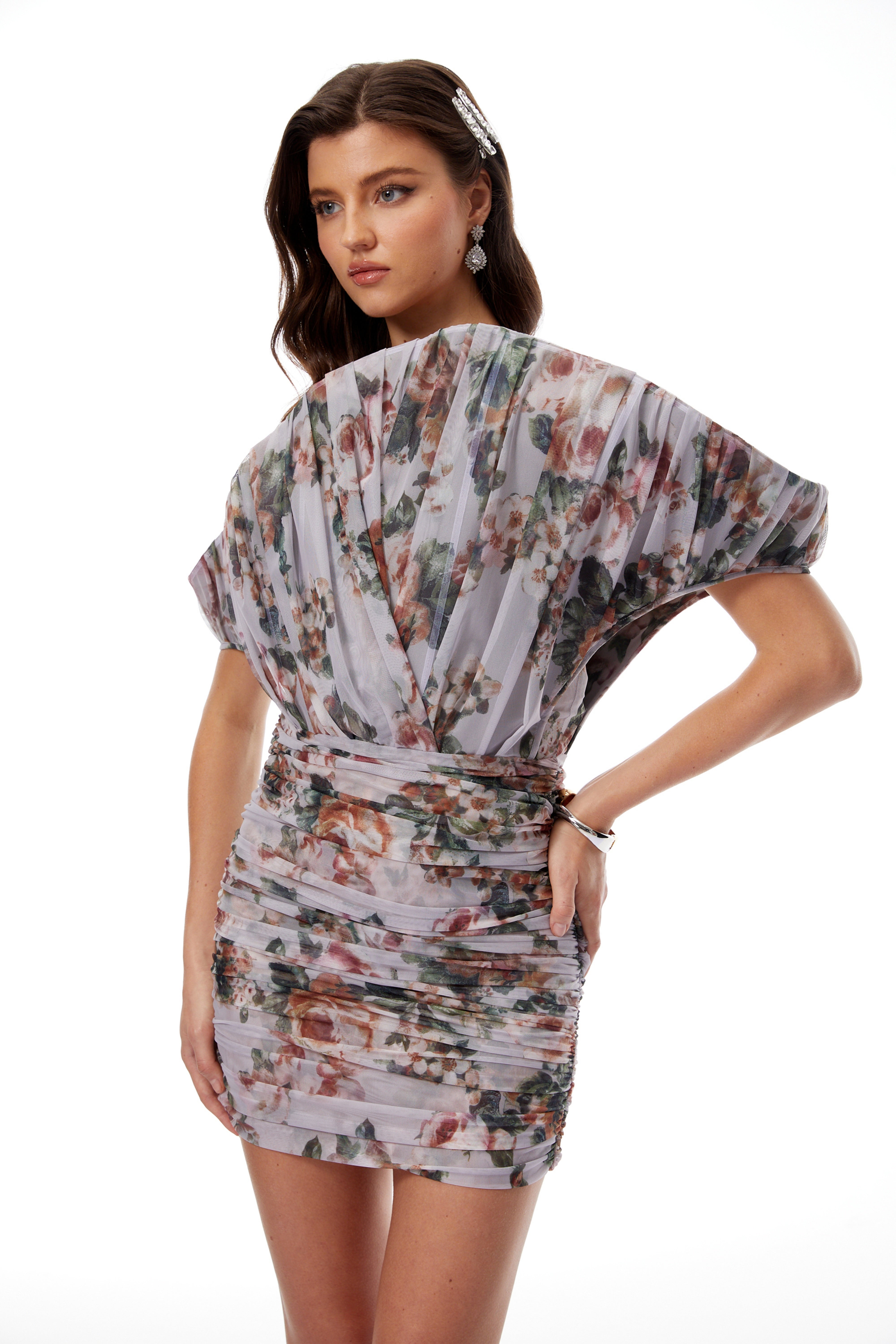 Felicia Grey Asymmetrical Floral Print Mini Dress