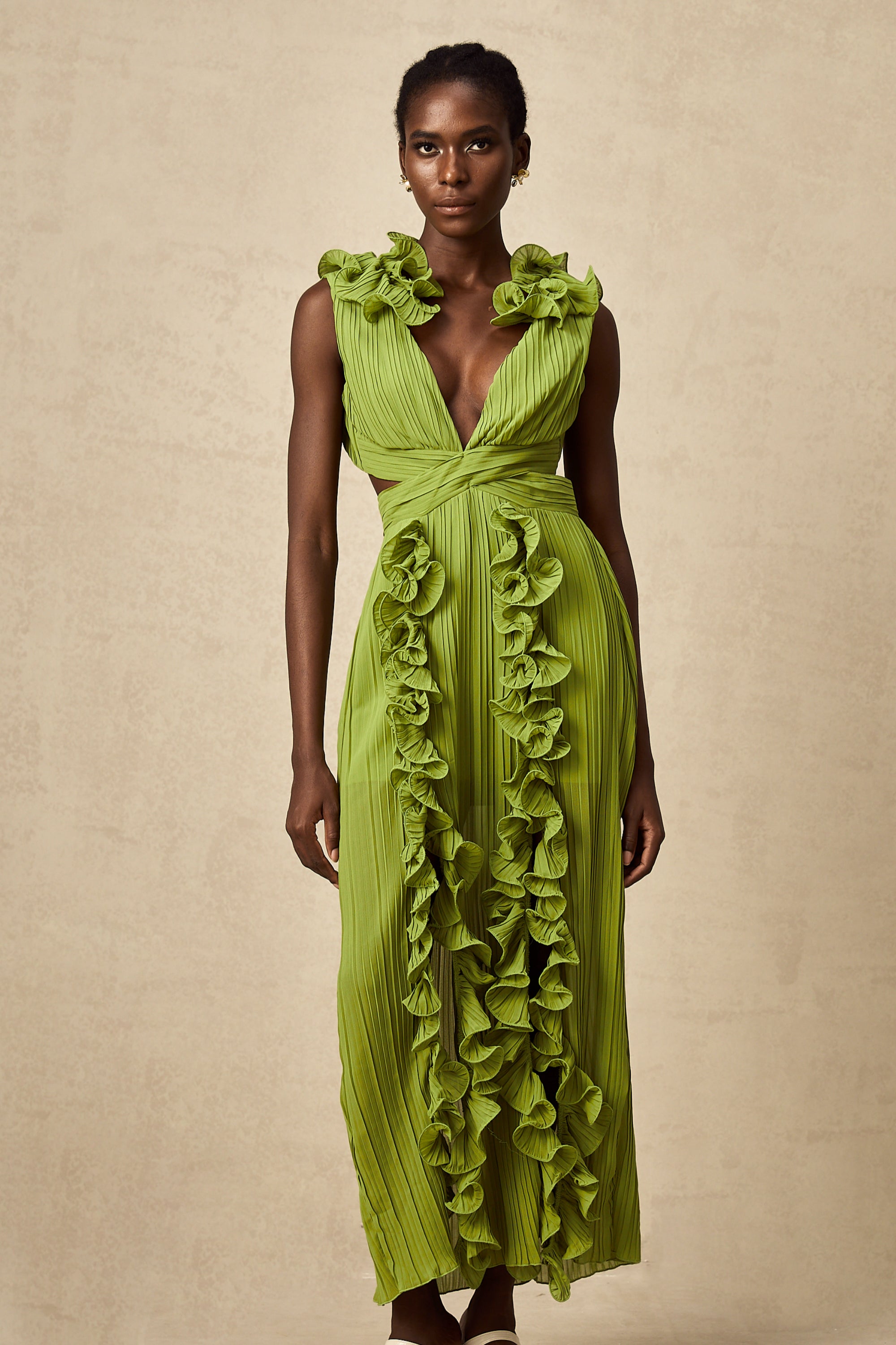 Alina green flounce full-pleat maxi dress