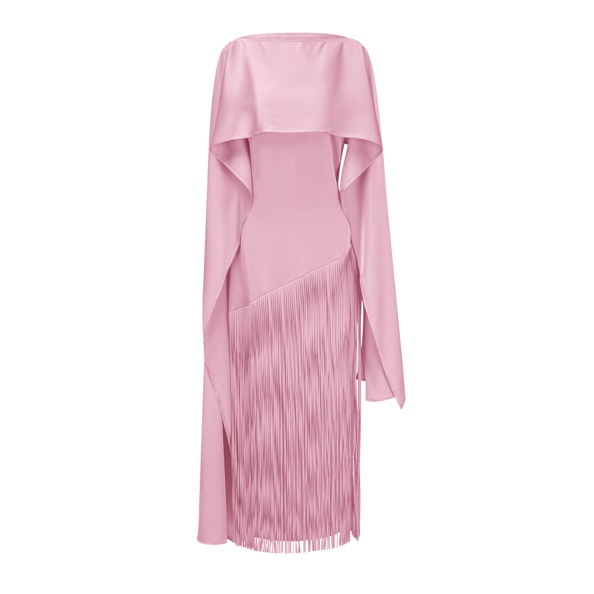 Cayetana – Rosa Maxikleid mit Fransen und Cape-Effekt